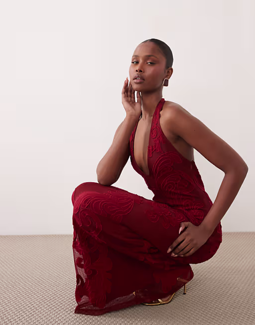 Premium embroidered applique scoop halter maxi dress in red