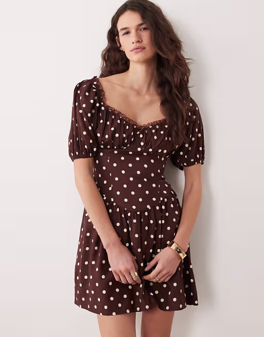 Miss Selfridge spun milkmaid mini dress in chocolate polka dots