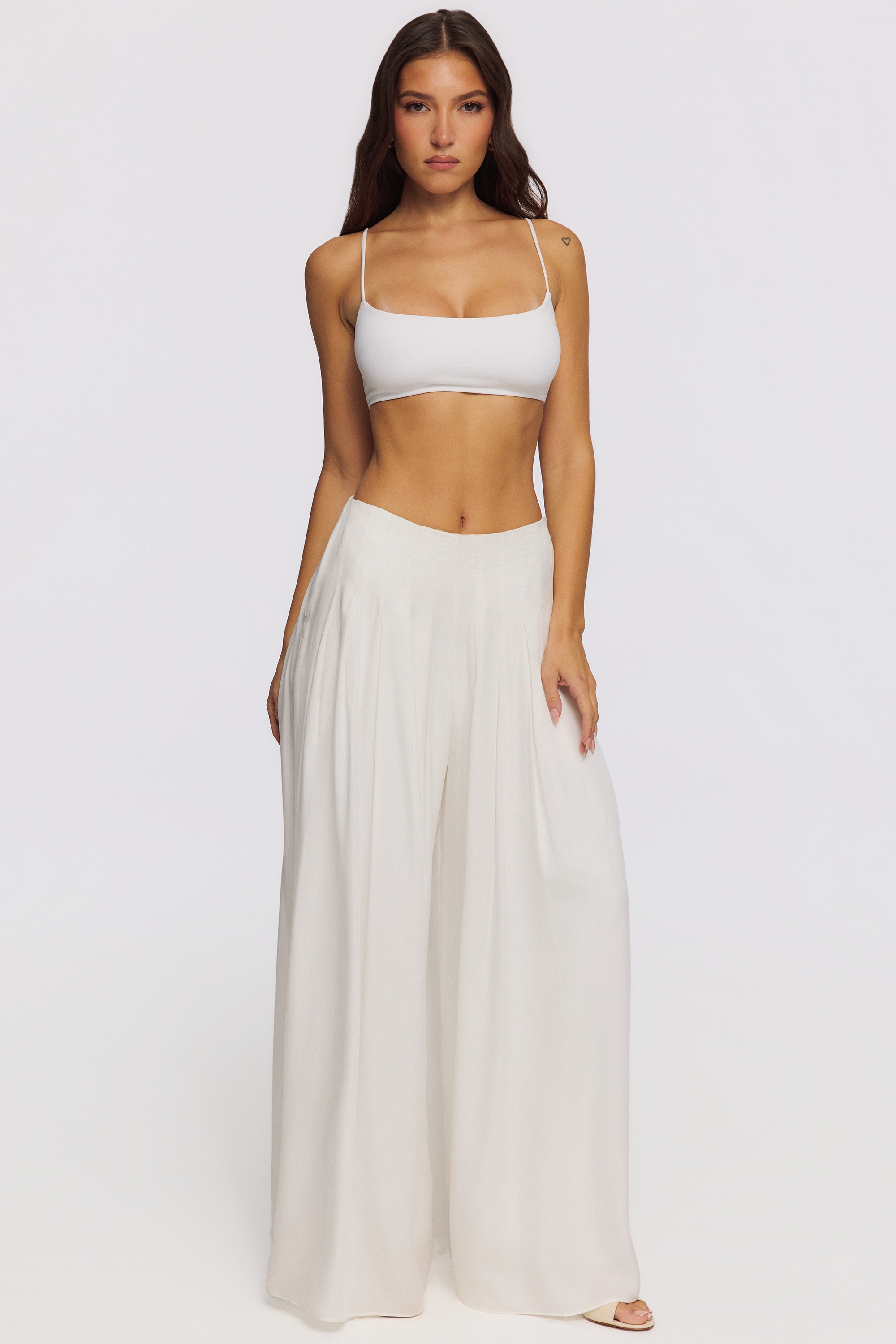 White Sateen Pleated Wide Leg Trousers