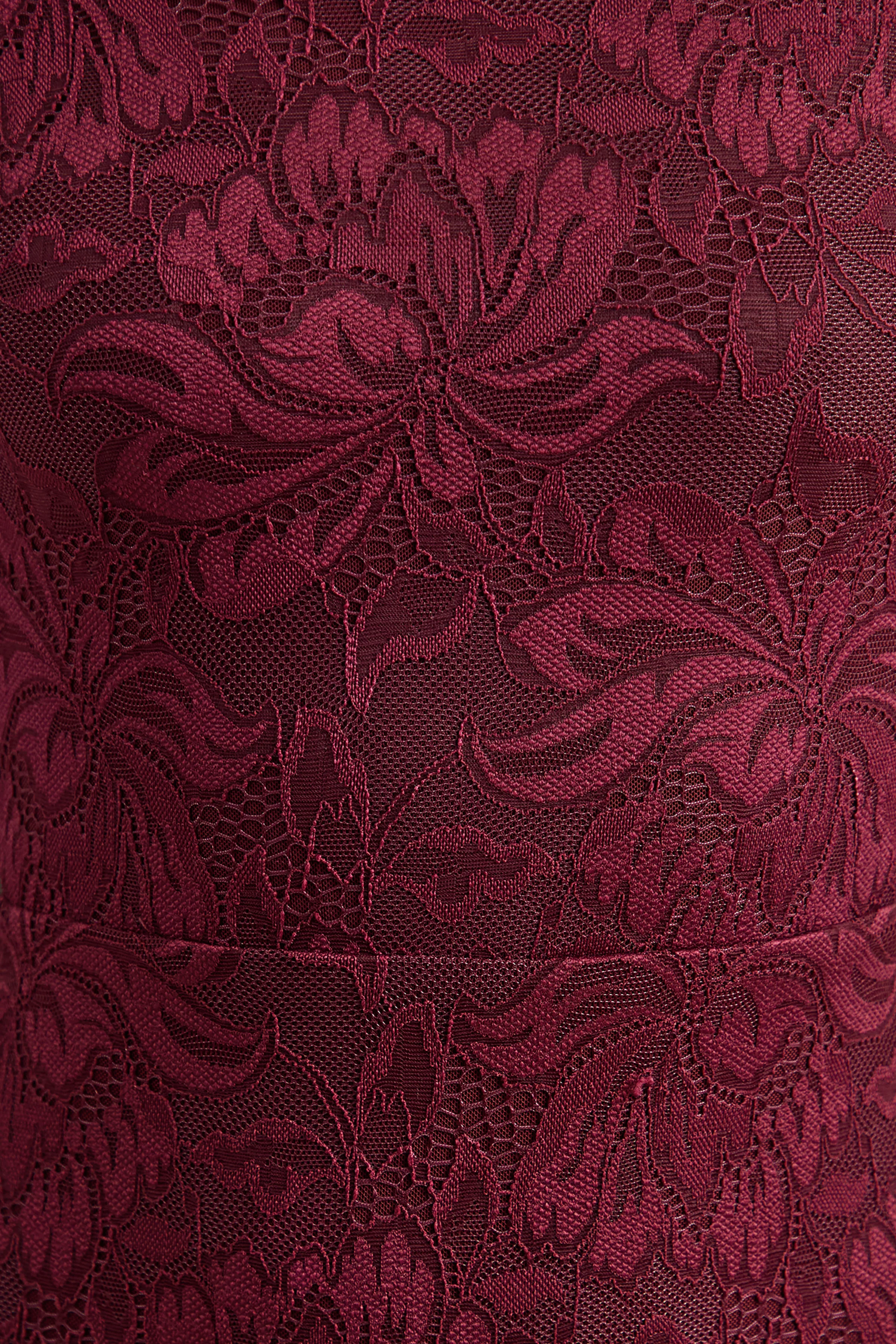 Iselle | Burgundy Lace Bardot-Neck Maxi Dress With Scarf-Detail