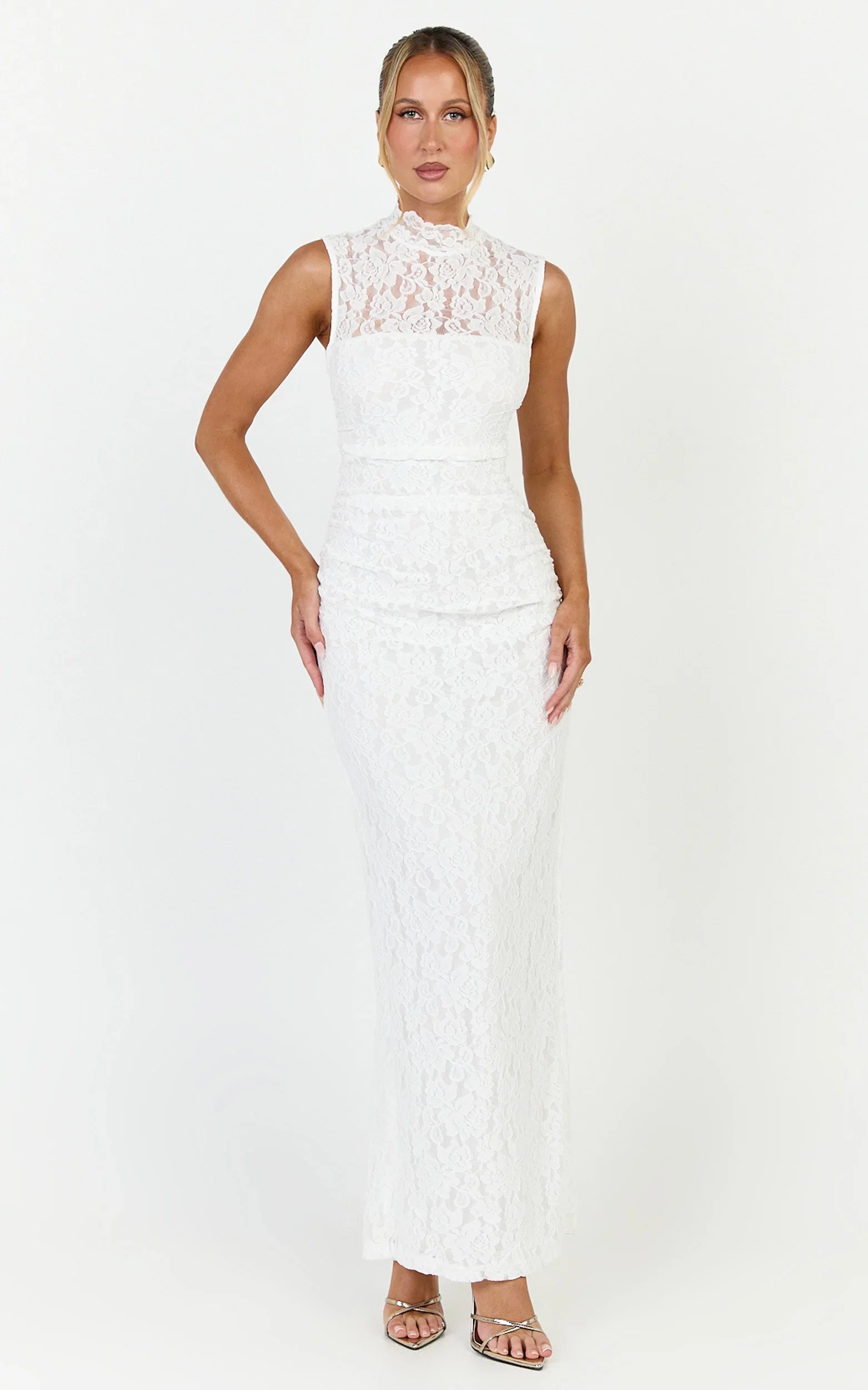 Luna Maxi Dress - Lace High Neck Sleeveless Dress in White
