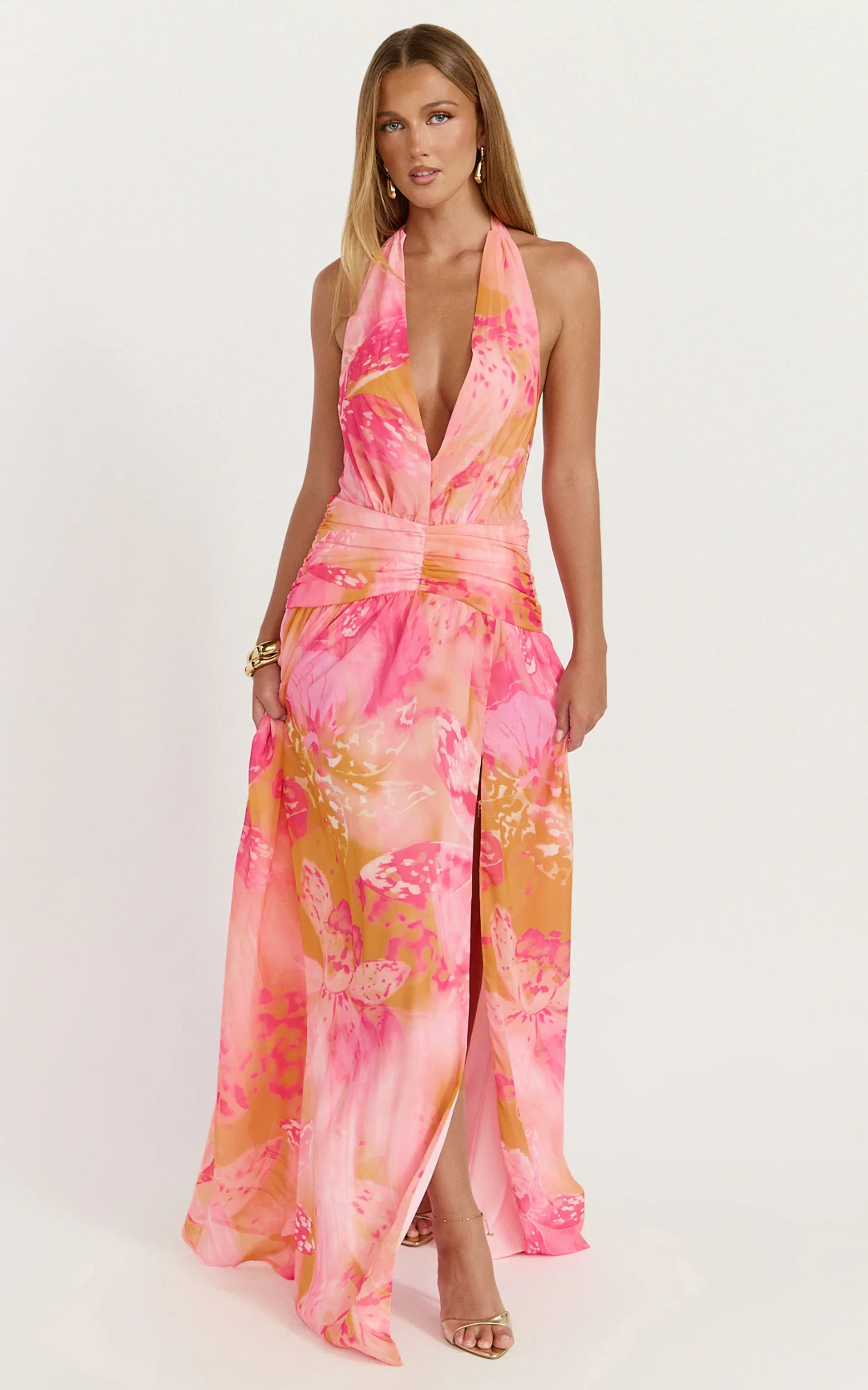 Nova Maxi Dress - Plunge Neckline Backless Georgette Dress in Hot House Orchid Print