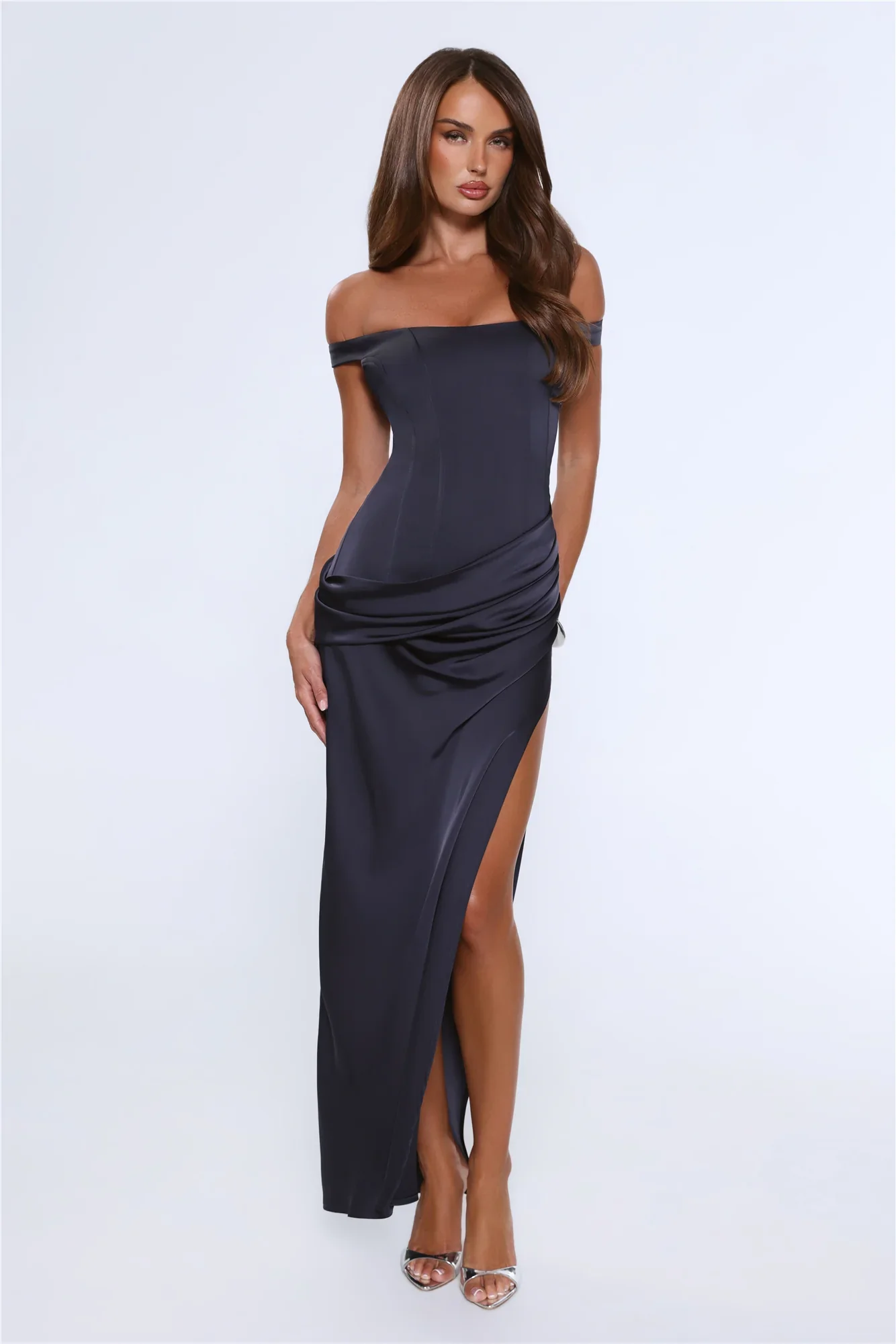 The After Party Off Shoulder Satin Maxi Dress Navy