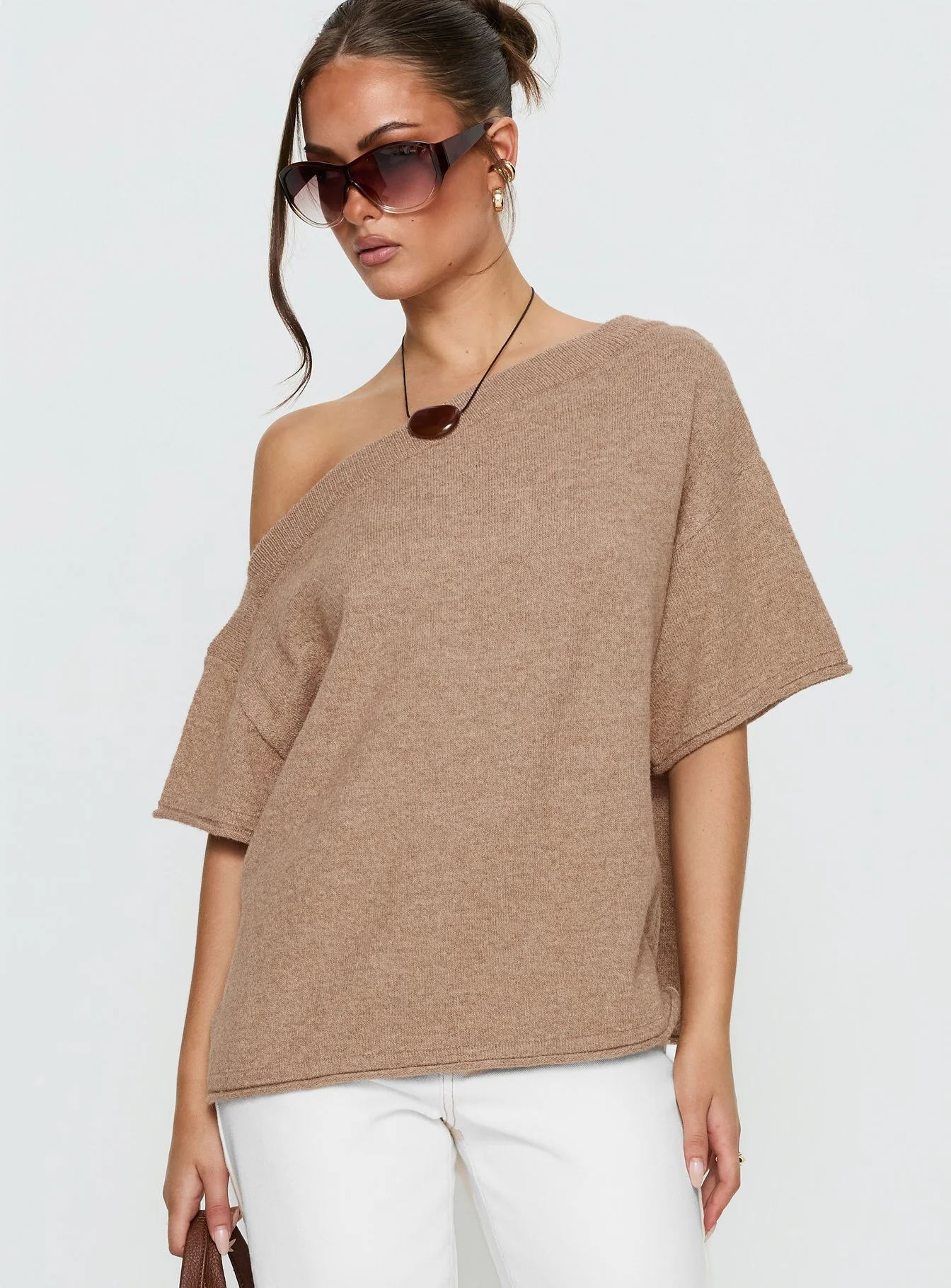 Kourta Off Shoulder Oversized Knit Top Mocha