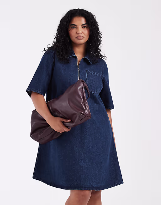 ONLY Curve pleated denim mini dress in rinsed dark blue