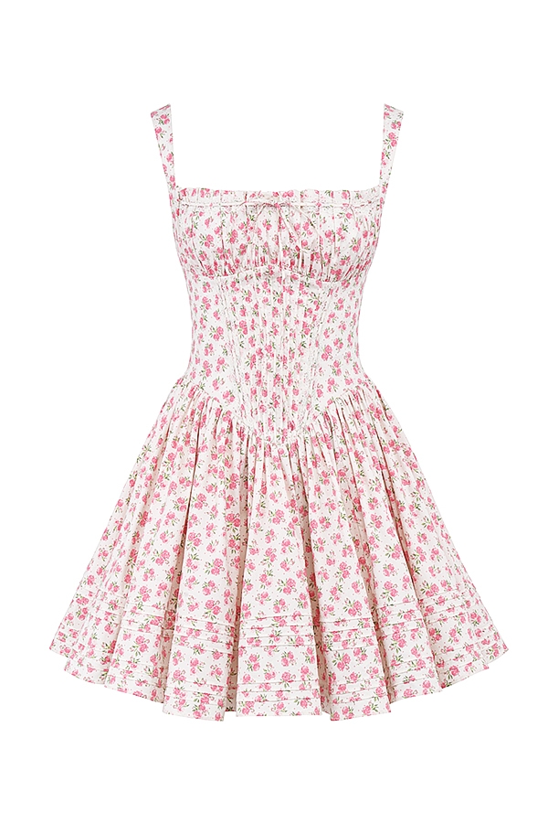 White Rosebud Print Cotton Mini Dress
