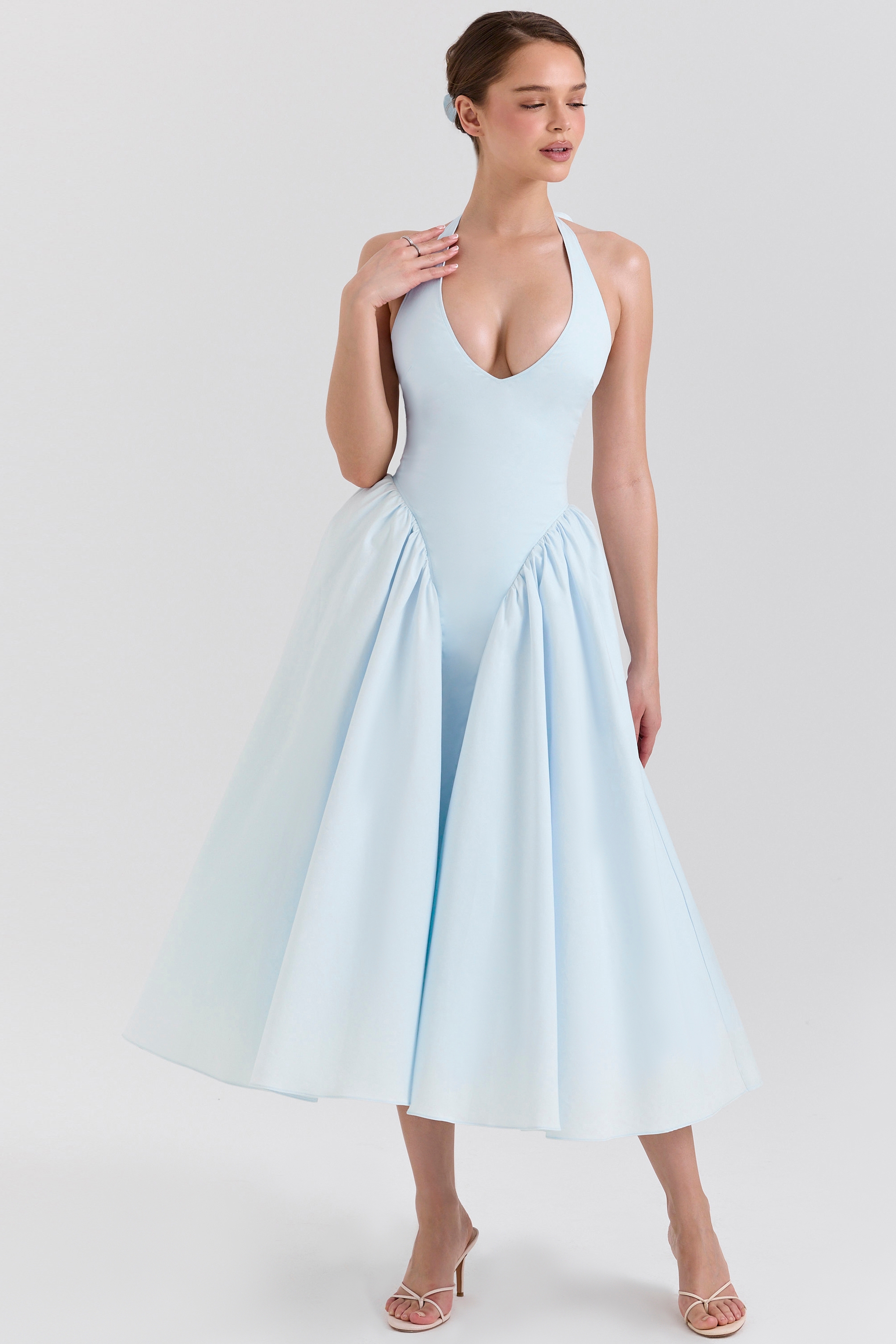 Soft Blue Cotton Twill Halter Midi Sundress