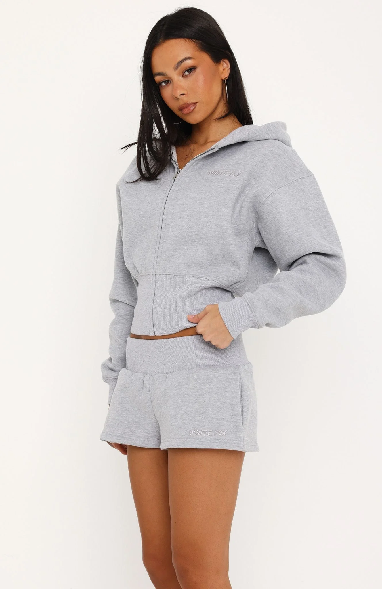 Come A Long Way Cinched Zip Front Hoodie Grey Marle