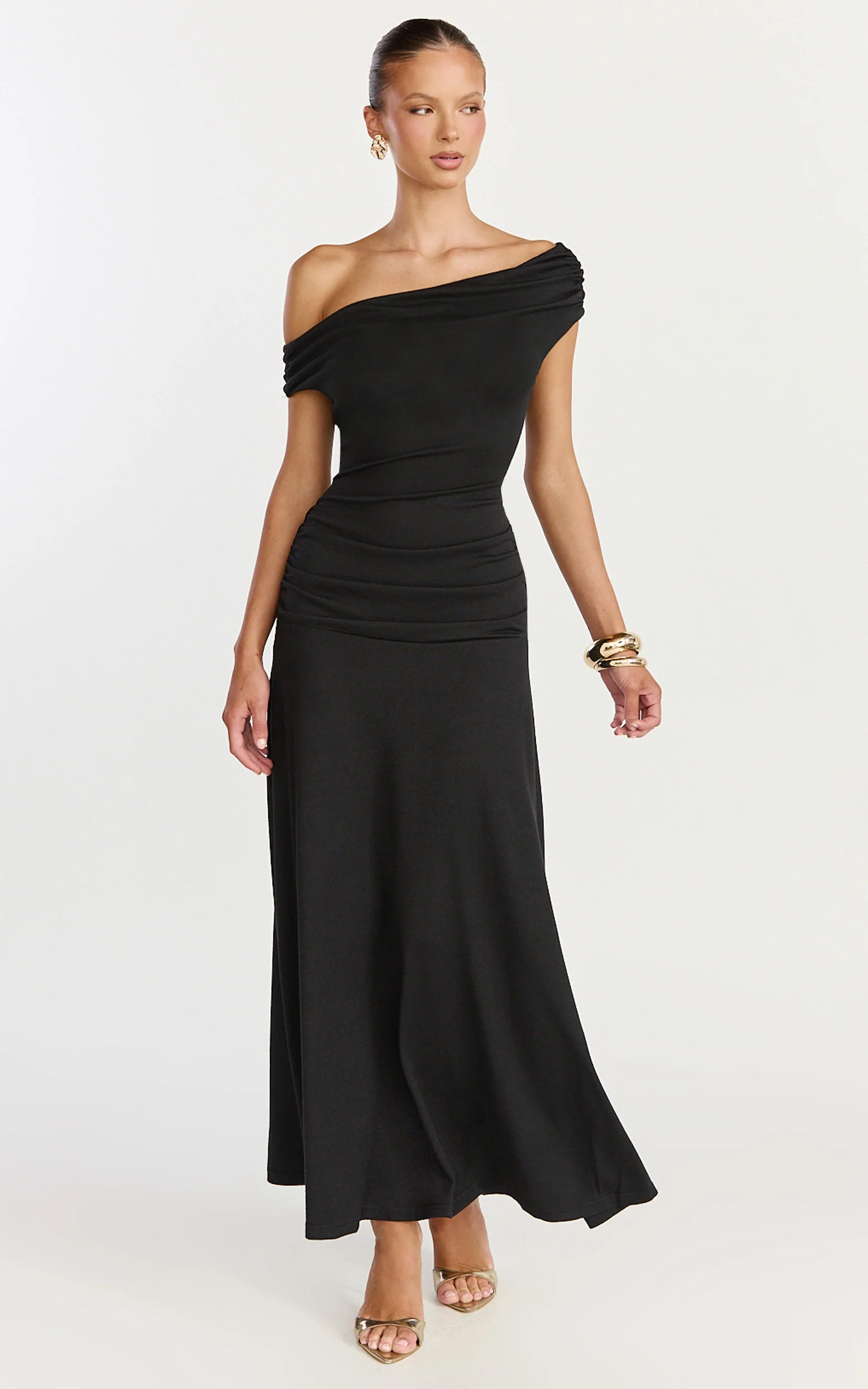 Ophelia Maxi Dress - Off Shoulder Ruched Fit And Flare Dress in Black