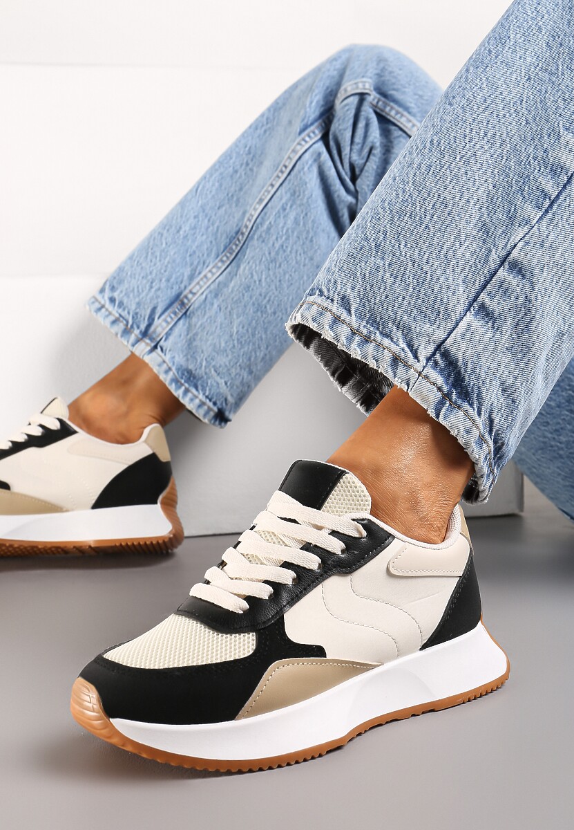Czarno-Beżowe Sneakersy z Siateczkową Wstawką na Nosku Hlimeltia