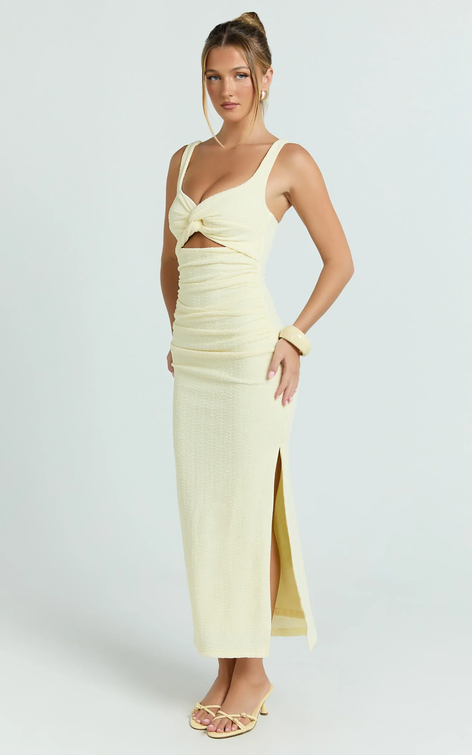 Bianca Midi Dress - Twist Front Cut Out Ruched Dress in Lemon