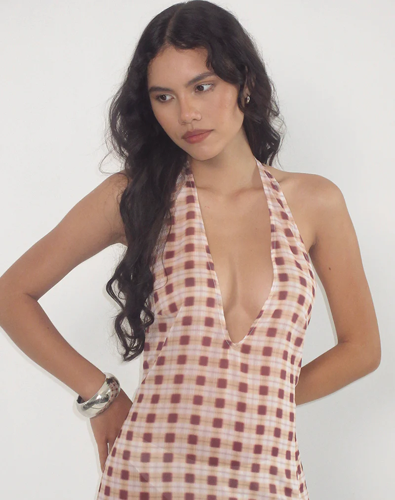 Driti Maxi Dress in Chiffon Blurred Check Peach
