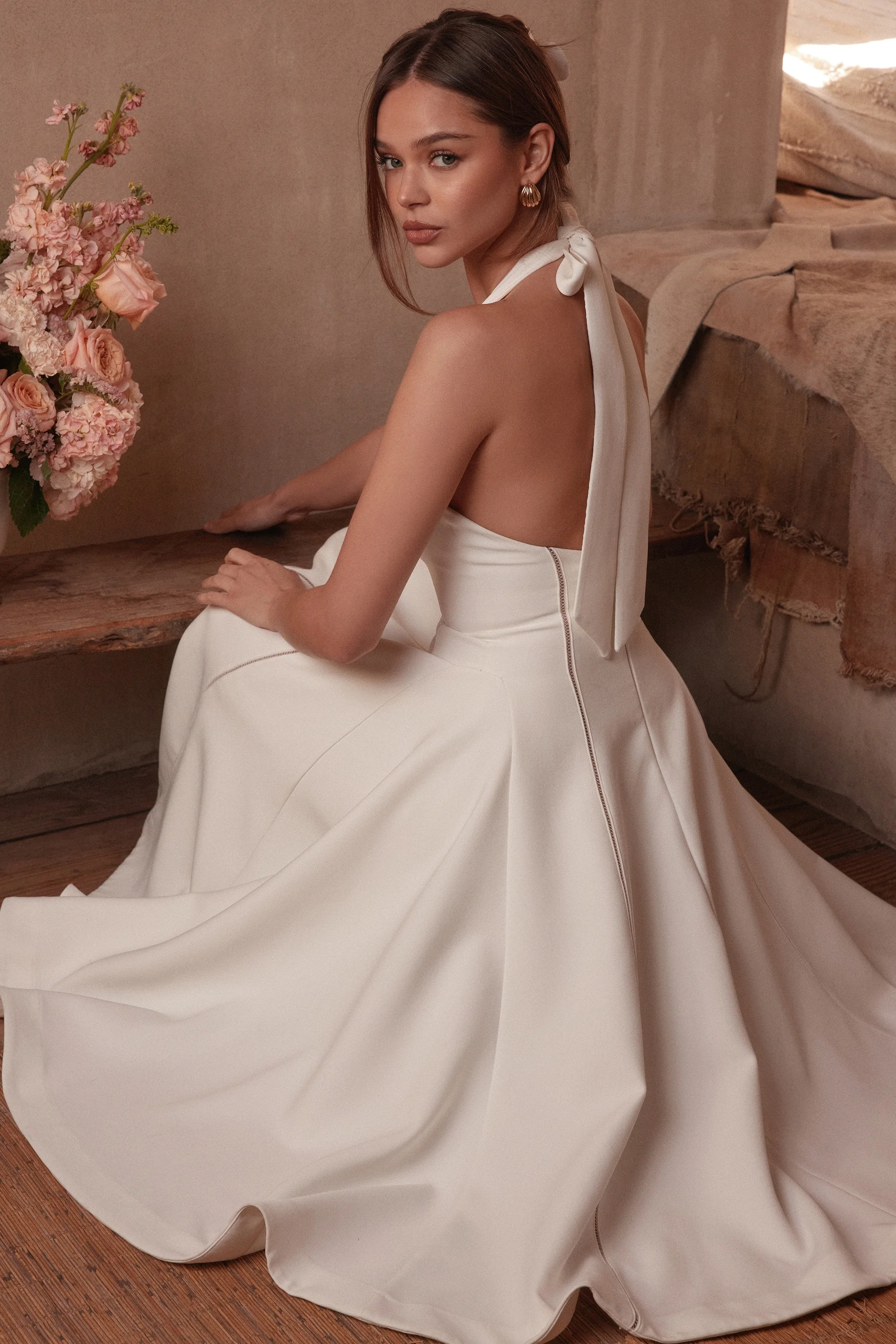 ivory halter neck midi dress