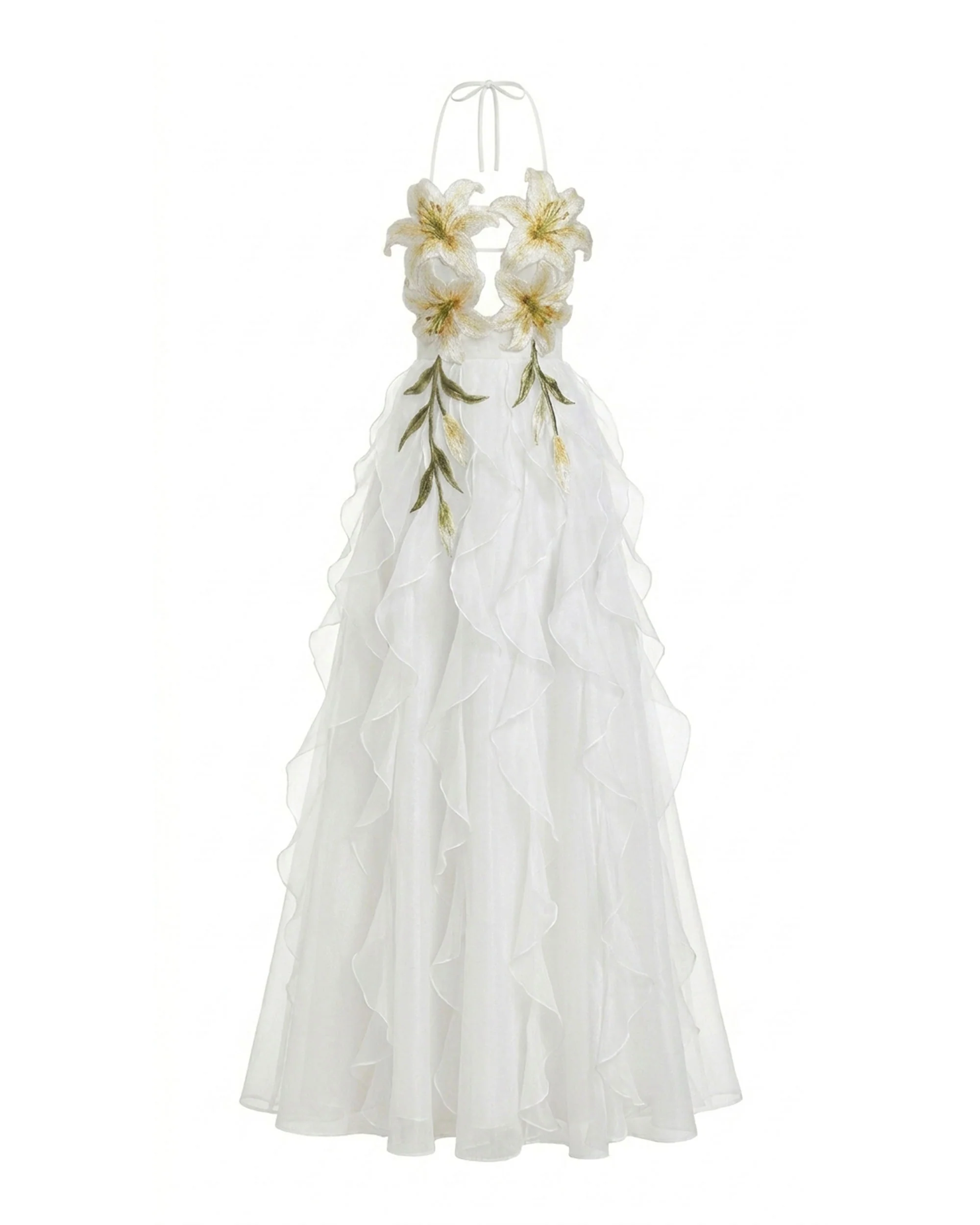Lily-Embroidered Embroidered Halter Tiered Maxi Dress - White