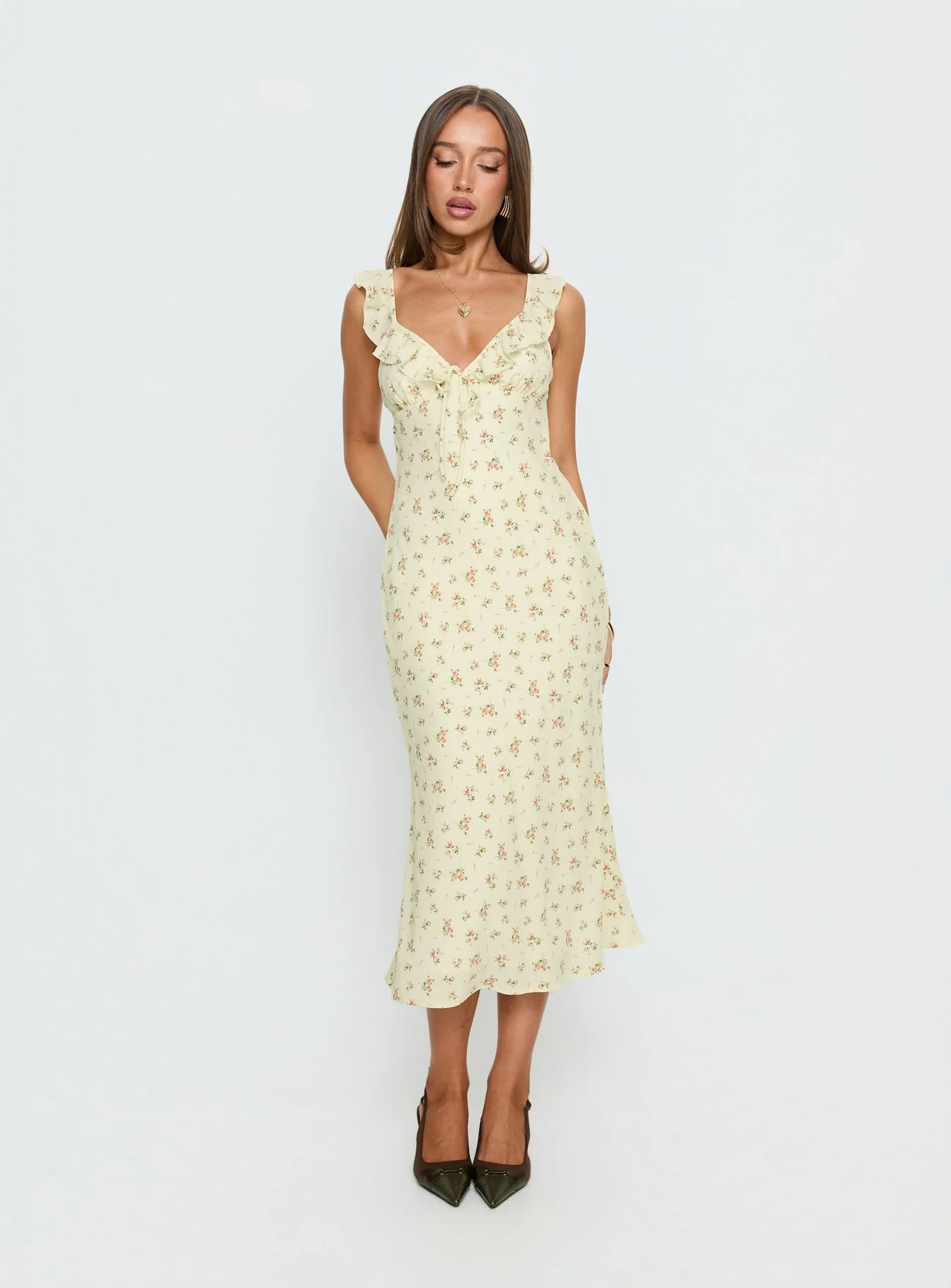 Leabelle Frill V Neck Maxi Dress Yellow Floral