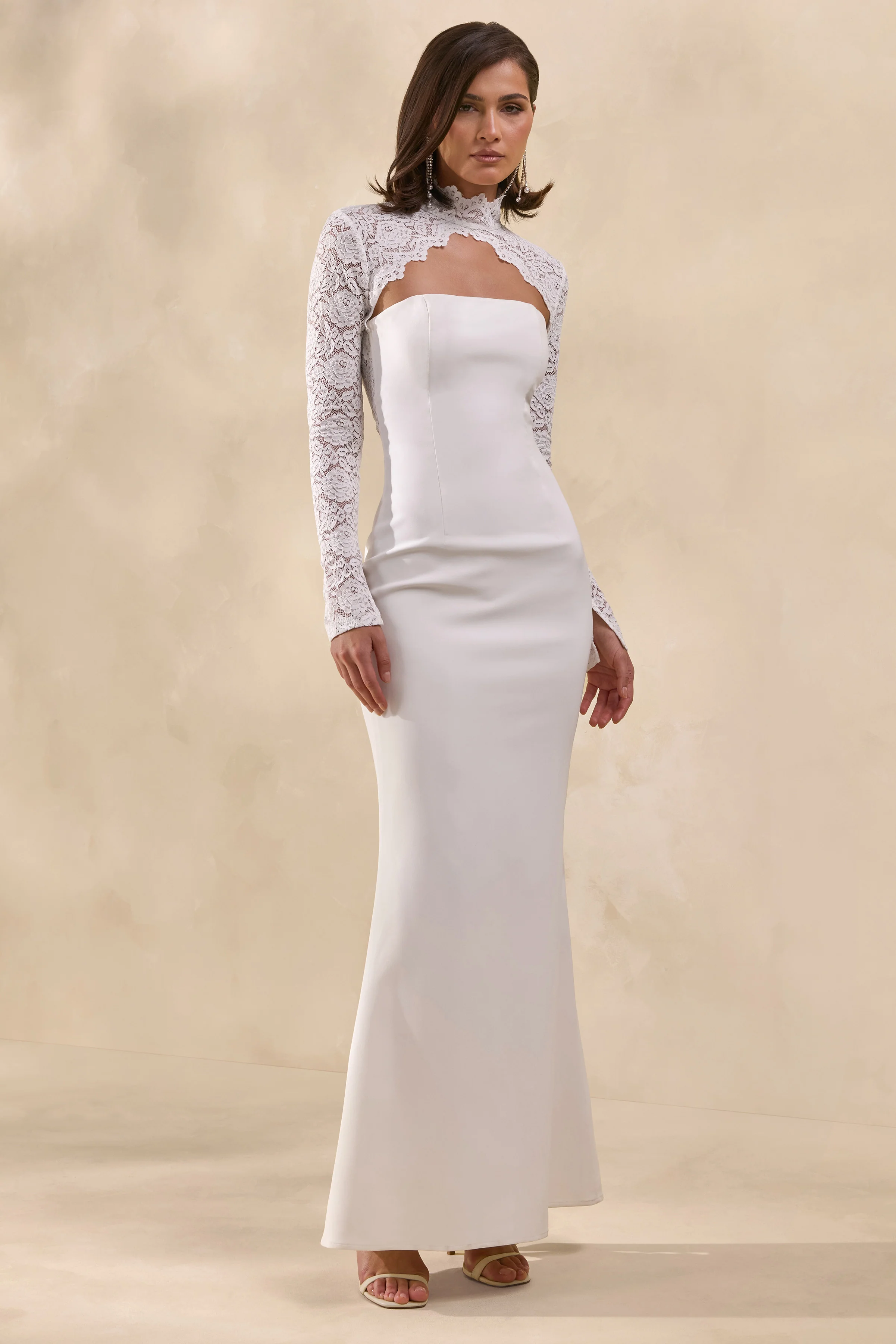 Yarrow | White Lace High-Neck Maxi-Dress With Open-Back