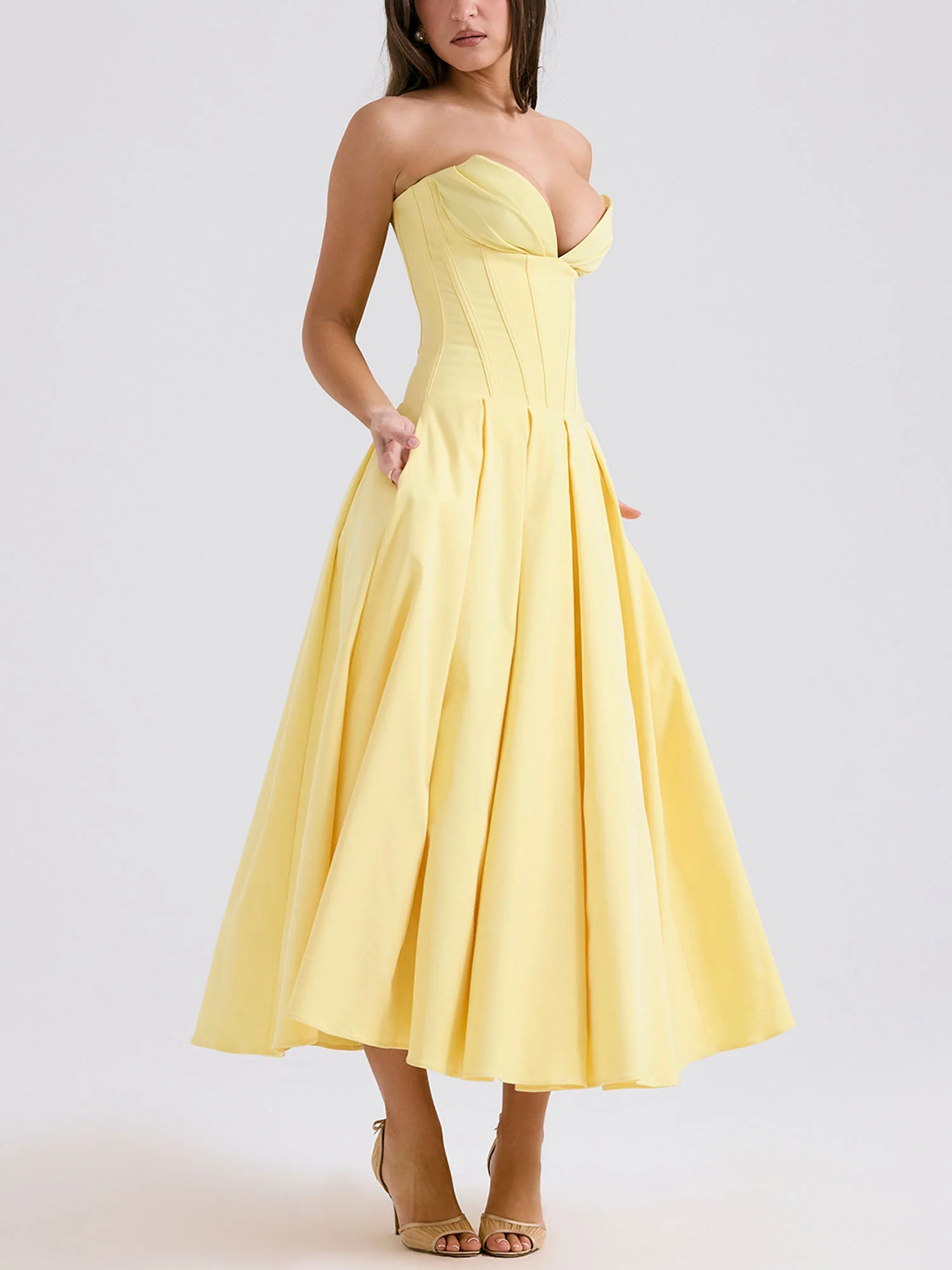 Yellow Strapless Fit-and-Flare Midi Dress