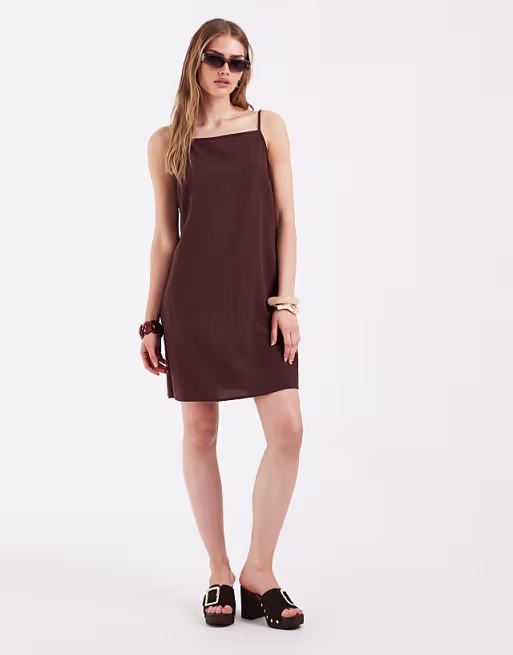PIECES square neck cotton textured mini dress in coffee brown
