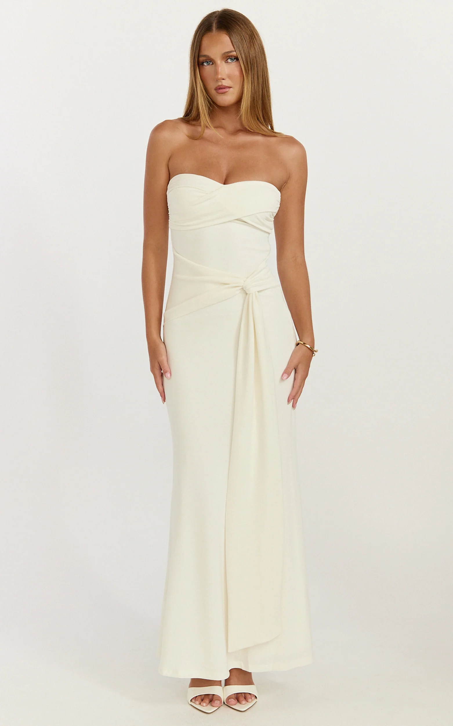 Aria Midi Dress - Strapless Tie Waist Dress in Off White