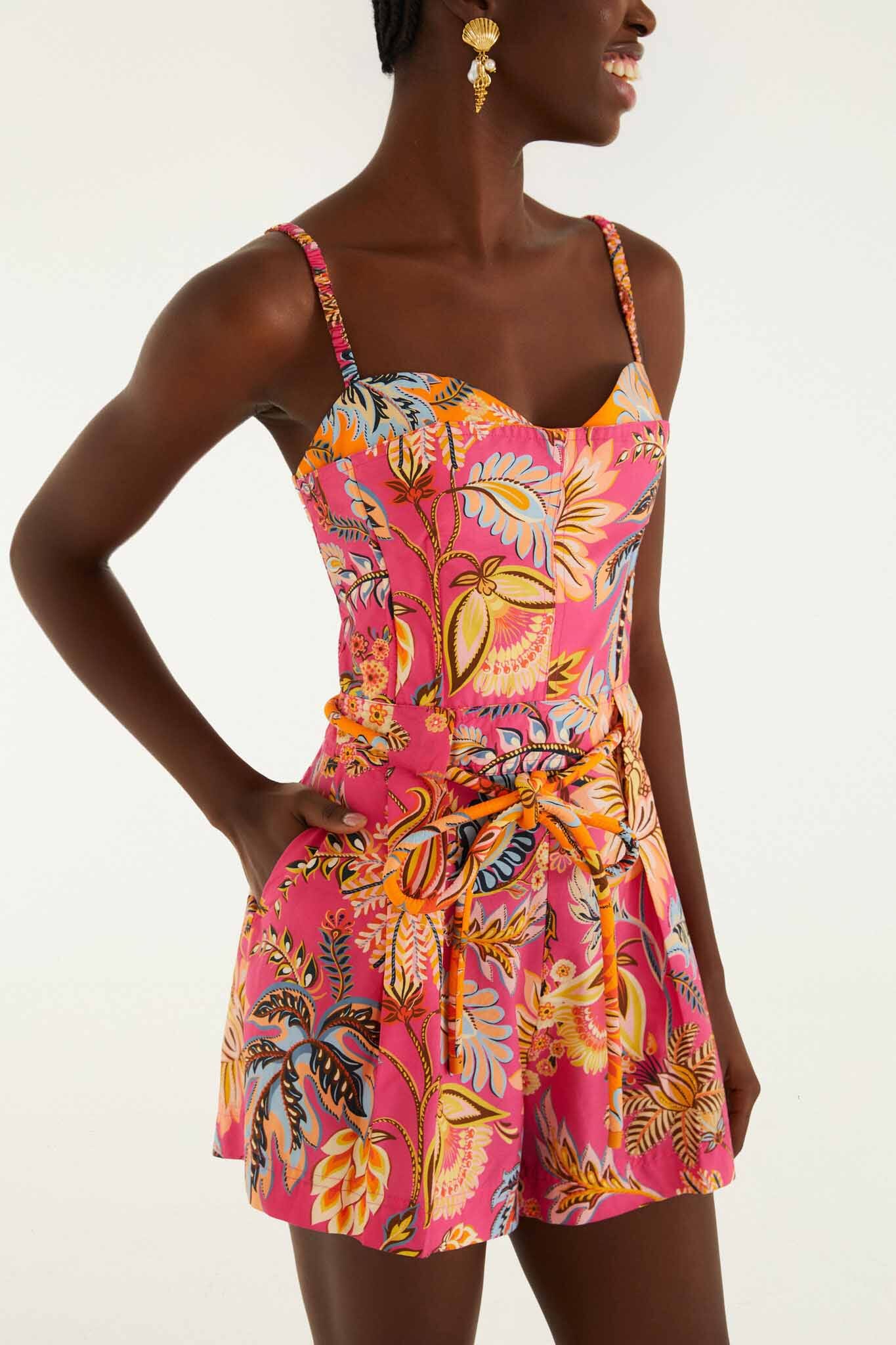 Pink Ligia Floral Drawstring  Romper