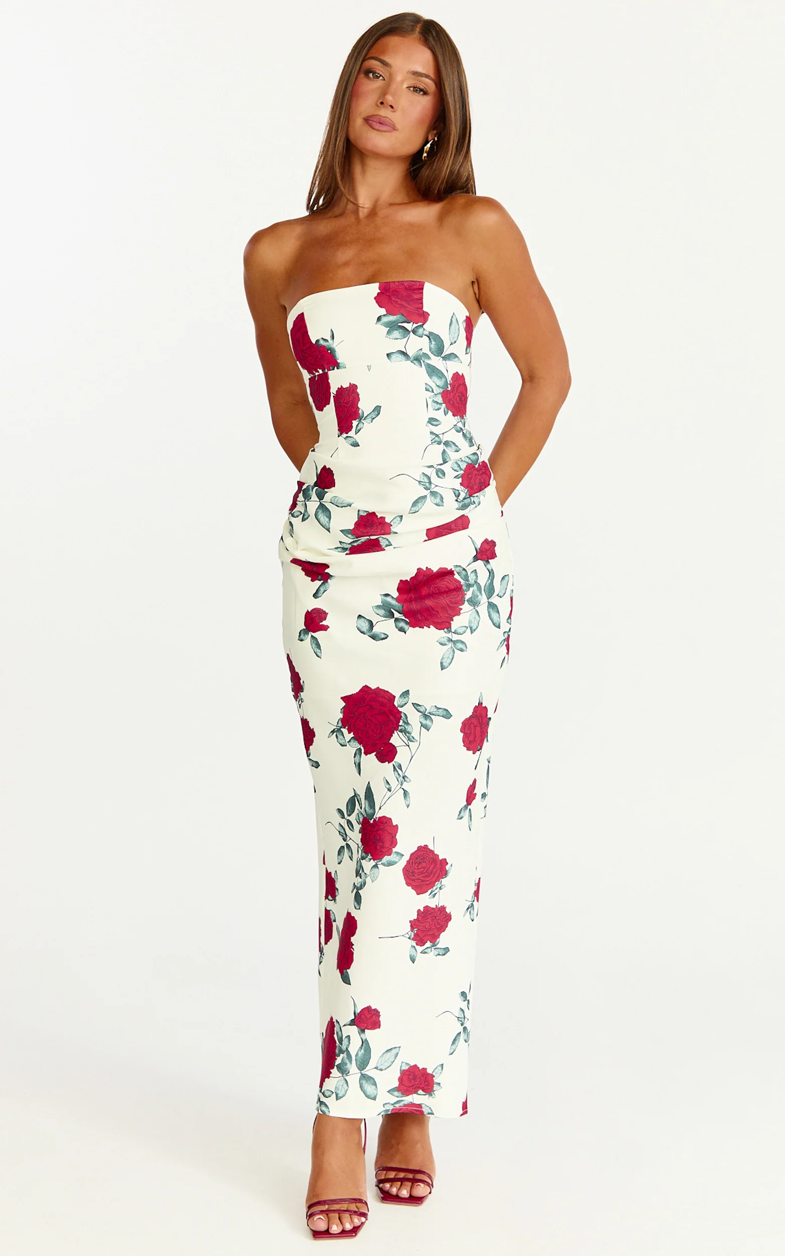 Dahlia Midi Dress - Strapless Draped Cowl Waist Fitted Dress in Scarlet Rose Print