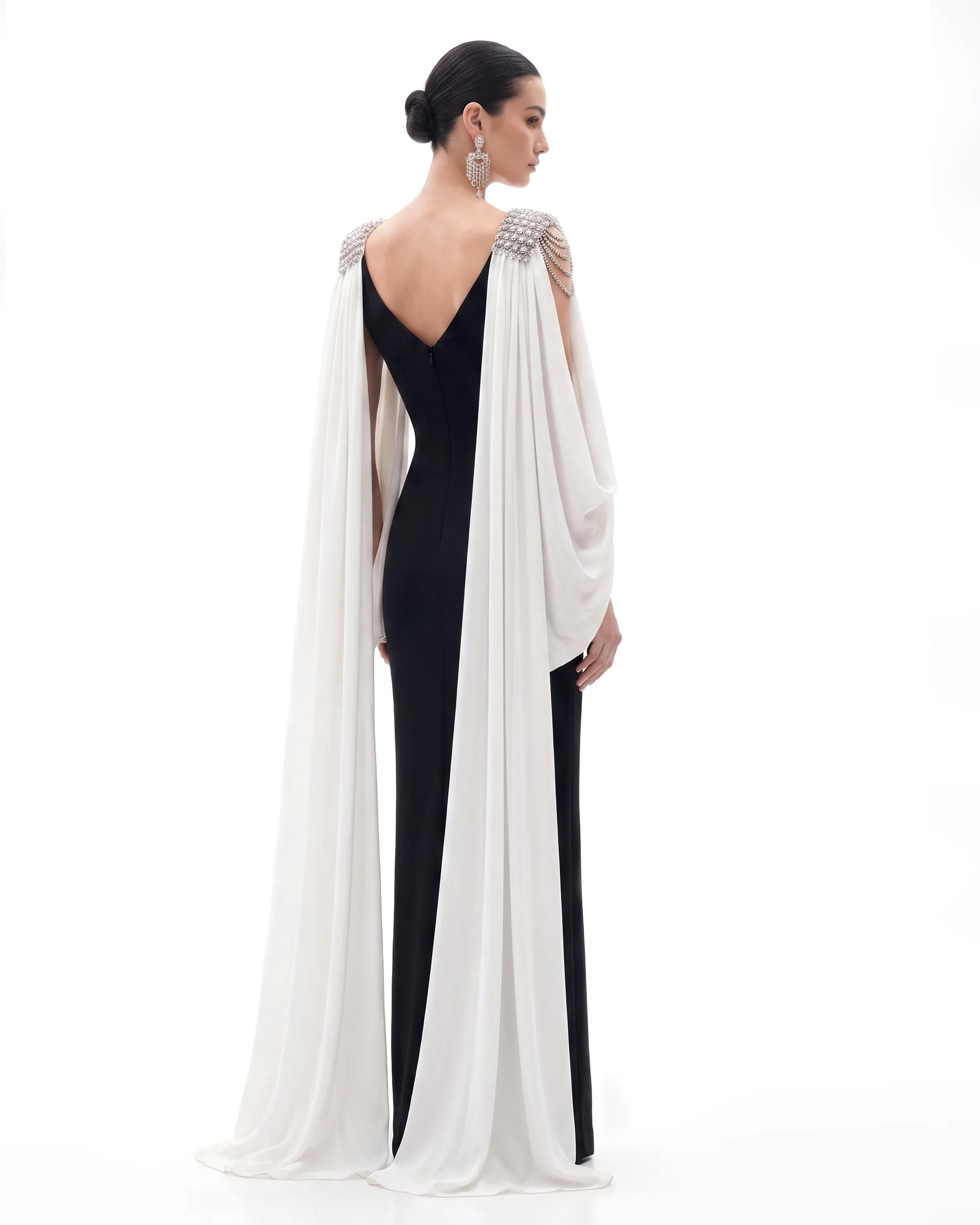Crystal Shoulder Cape Maxi Dress - Black & Ivory - FASHION NOB