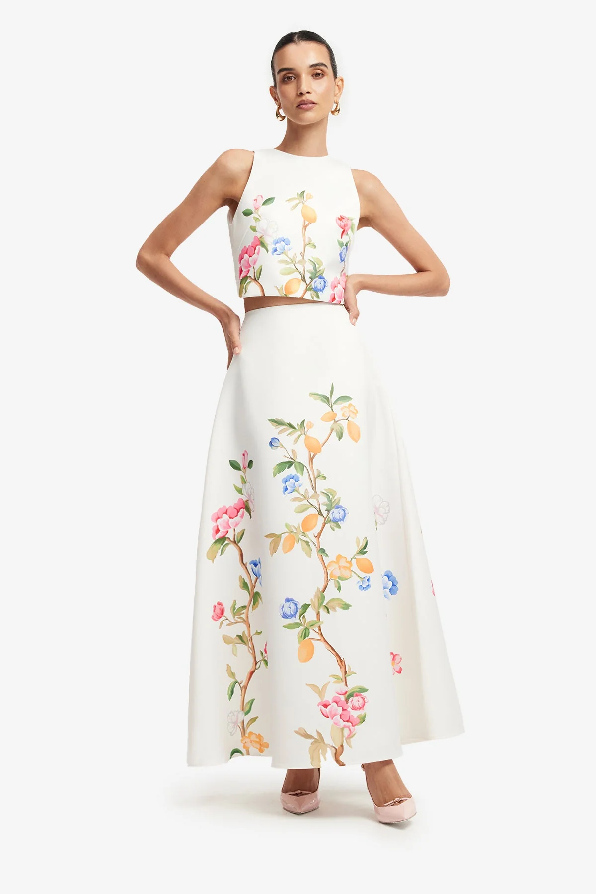 Clara Maxi Skirt - Lemon Vine Print in Snow