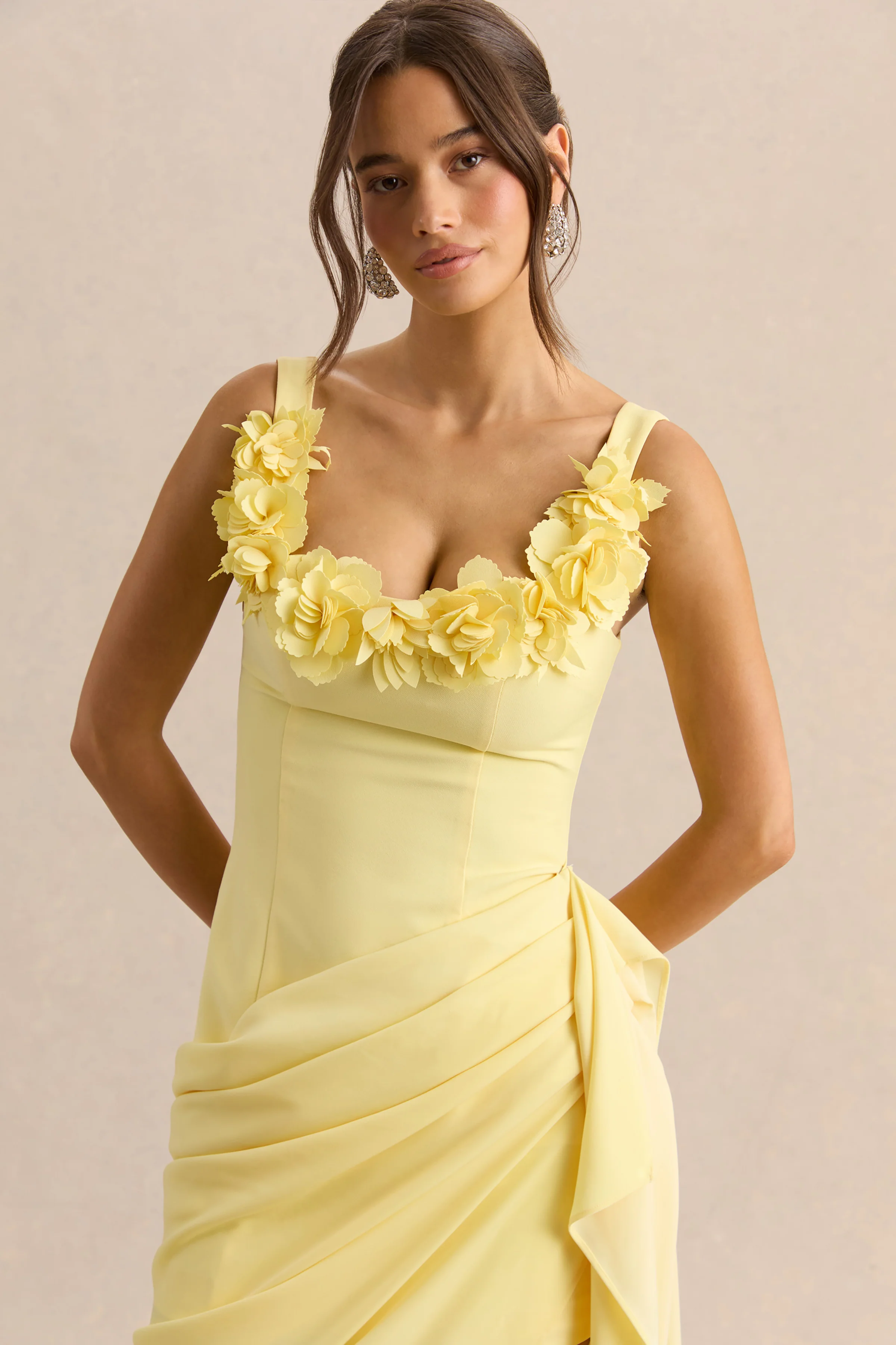 Letitia | Lemon Scoop-Neck Embellished Wrap Midi Dress