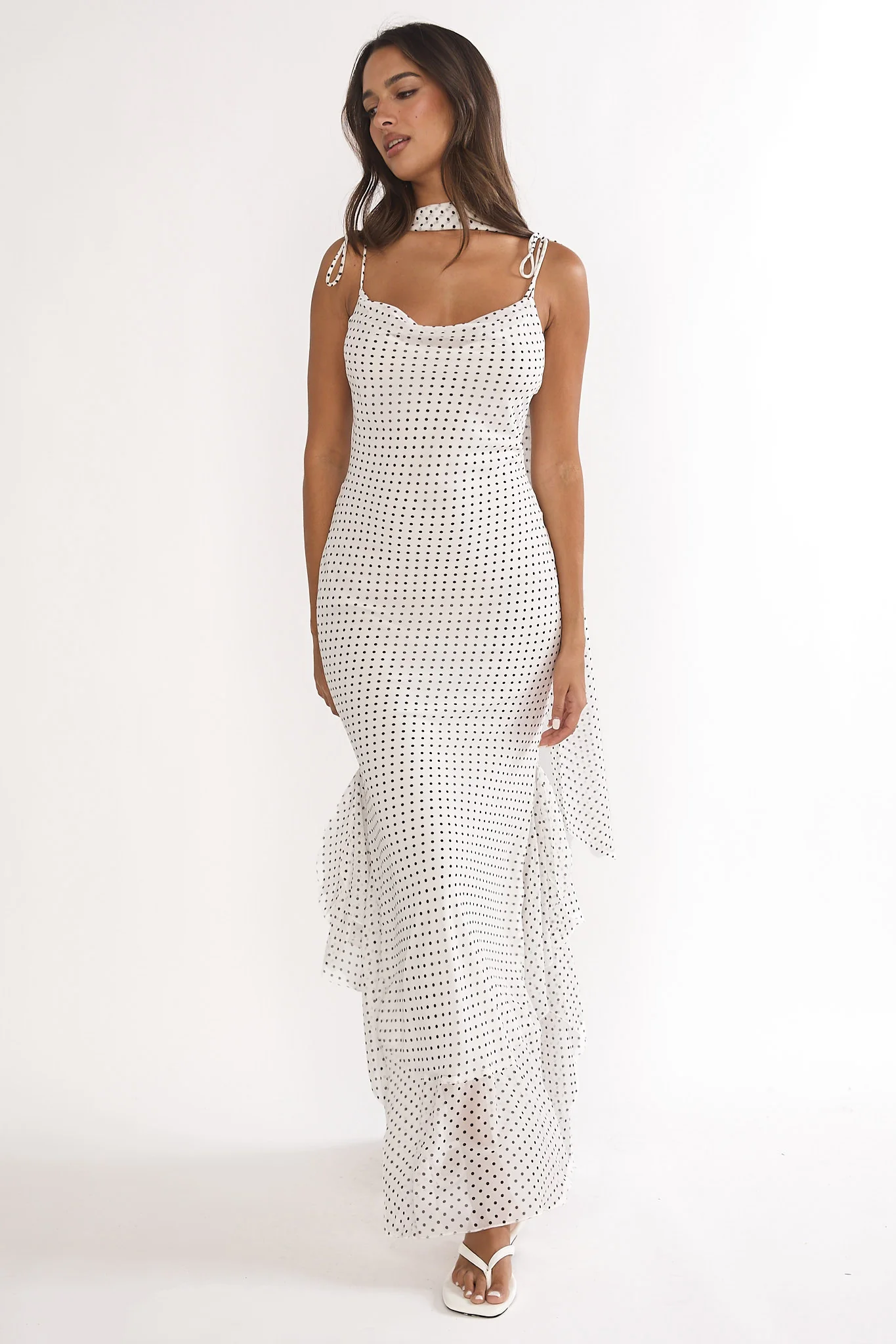 Emmara Tied Shoulder Maxi Dress Polka Dot White