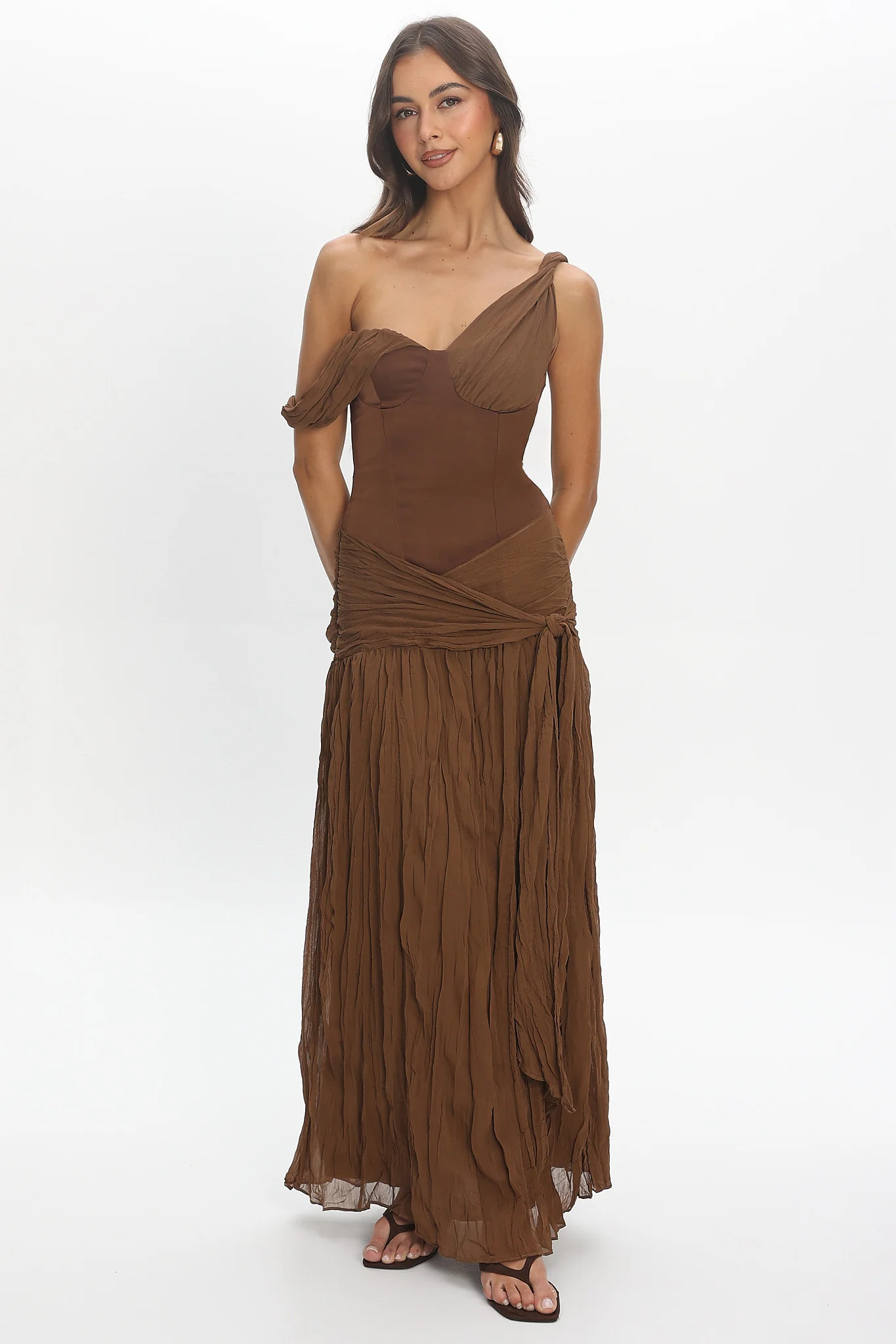 Keia Crepe Chiffon One-Shoulder Maxi Dress Chocolate