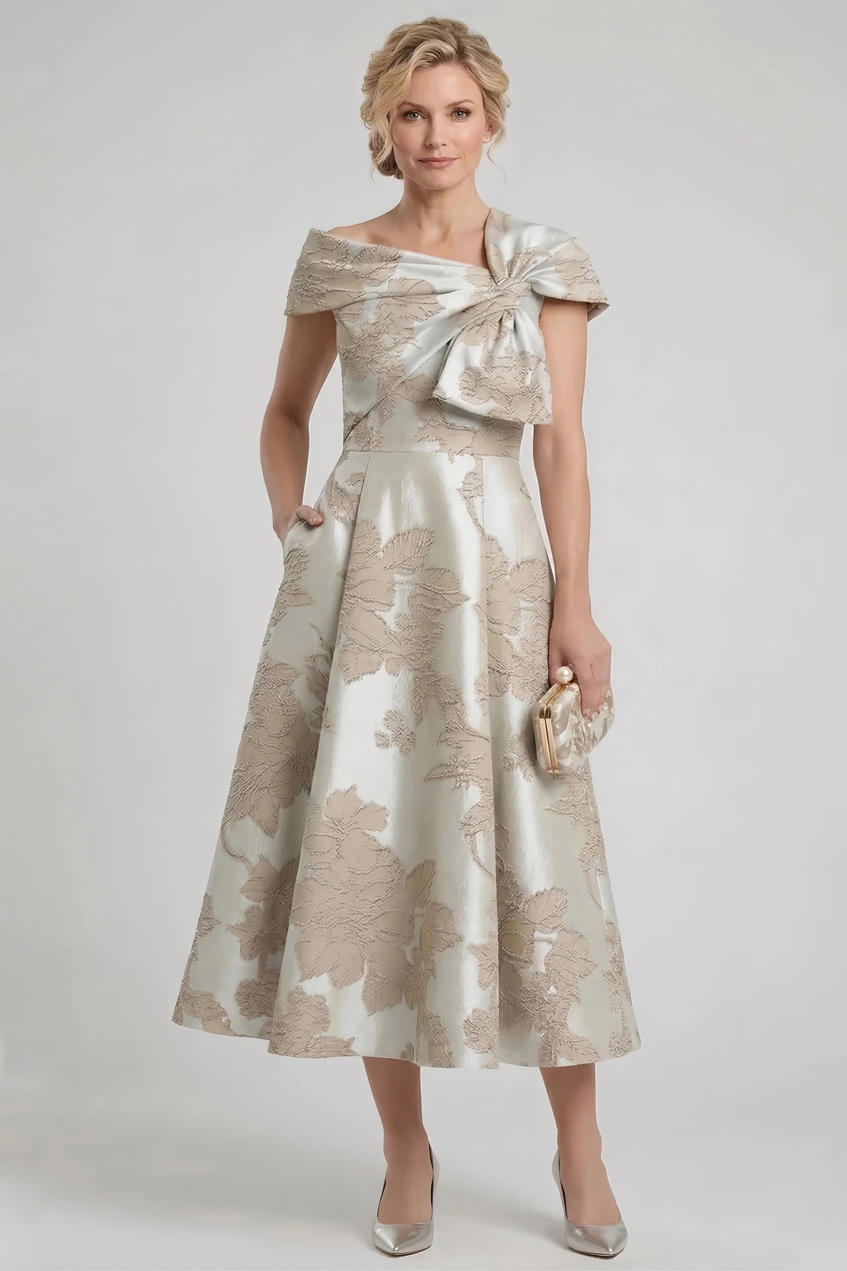 A-Line Tea Length Jacquard Mother of the Bride Dress CM0413