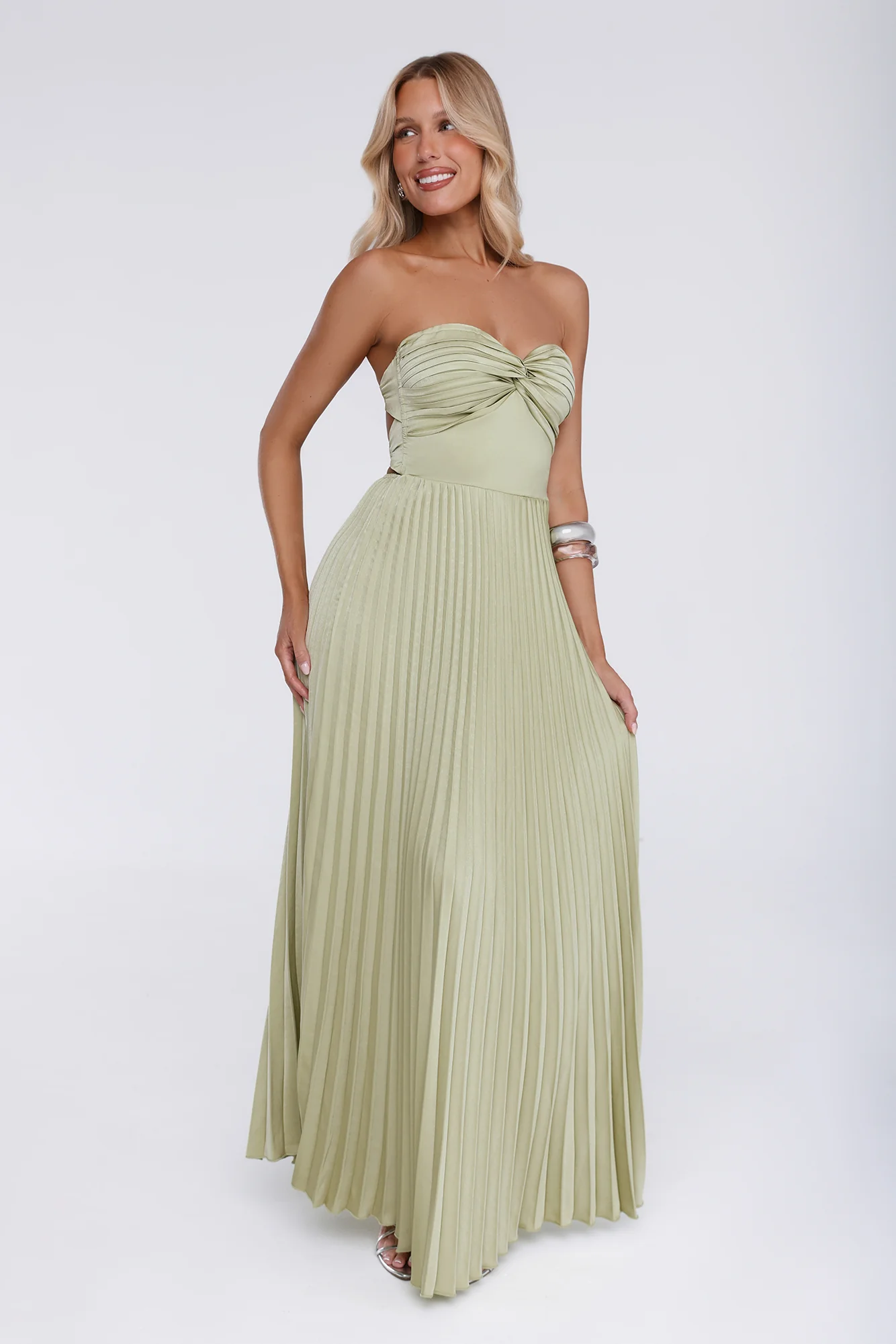 Sassy Sunshine Satin Pleated Strapless Maxi Dress Green