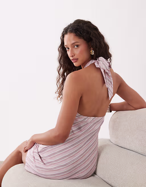 Cotton On linen look halterneck dress in pink stripes
