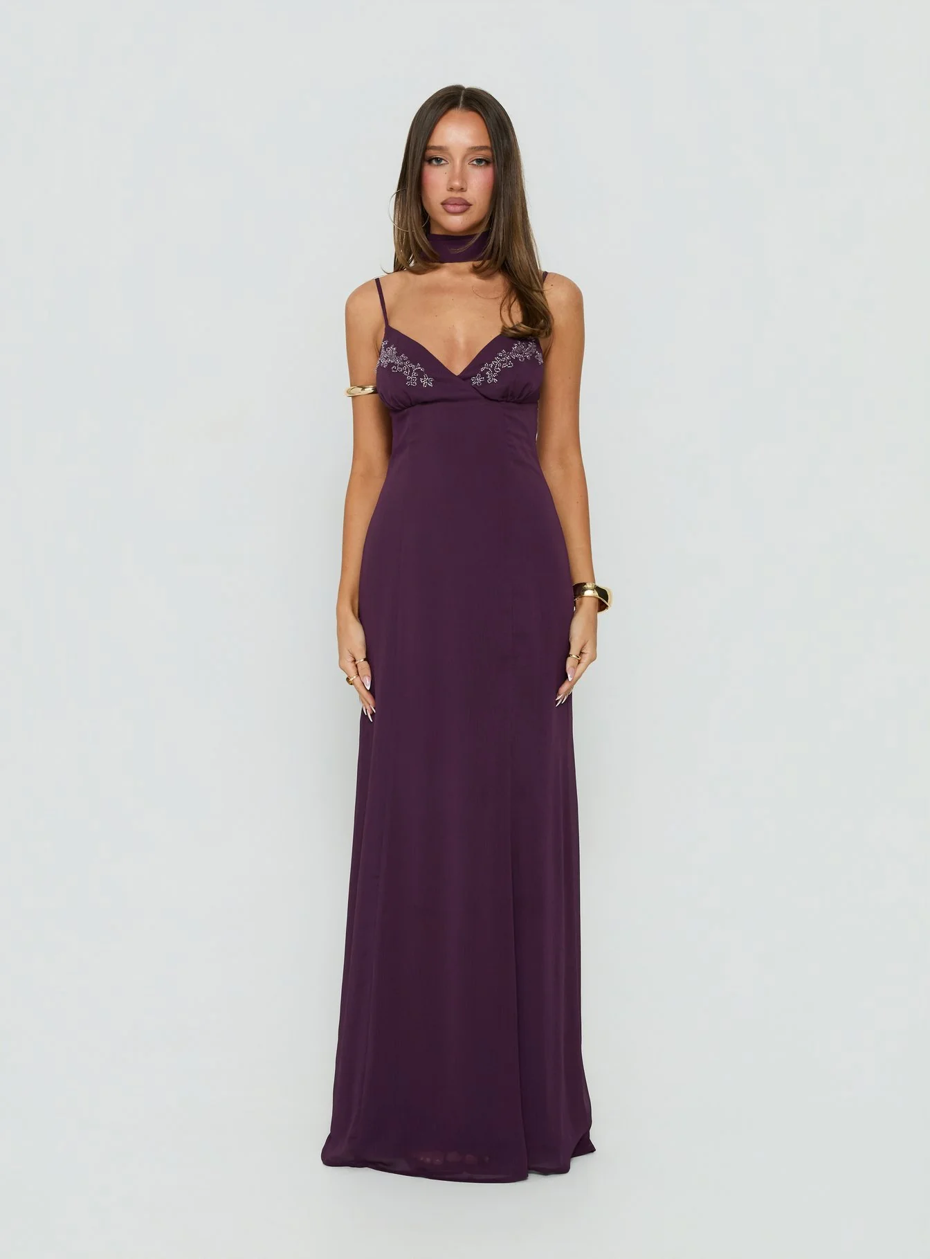 Jadira Scarf Maxi Dress Plum - FASHION NOB