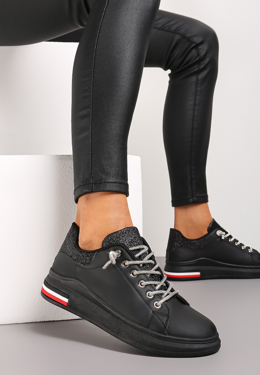 Czarne Sneakersy Ozdobione Brokatem z Cyrkoniami na Sznurowadłach Nilena