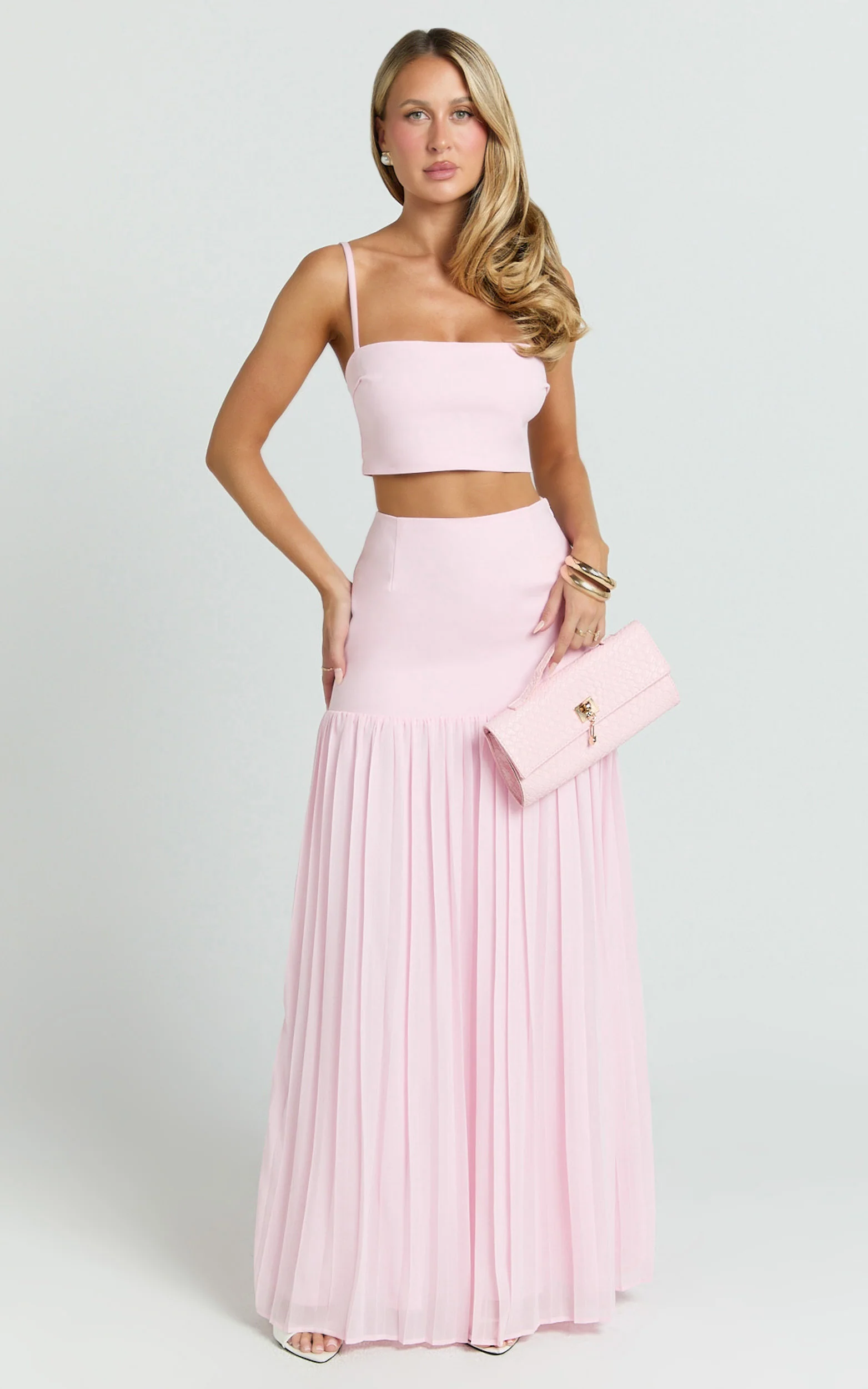 Rowan Two Piece Top and Skirt Set - Square Neck Crop Top and High Waist Pleated Maxi Skirt Set in Pink