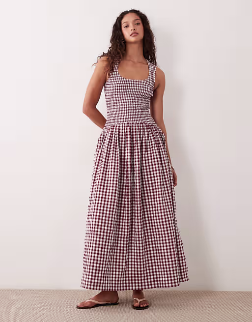 scoop neck crinkle maxi sundress with shirred waist in burgundy and cream gingham