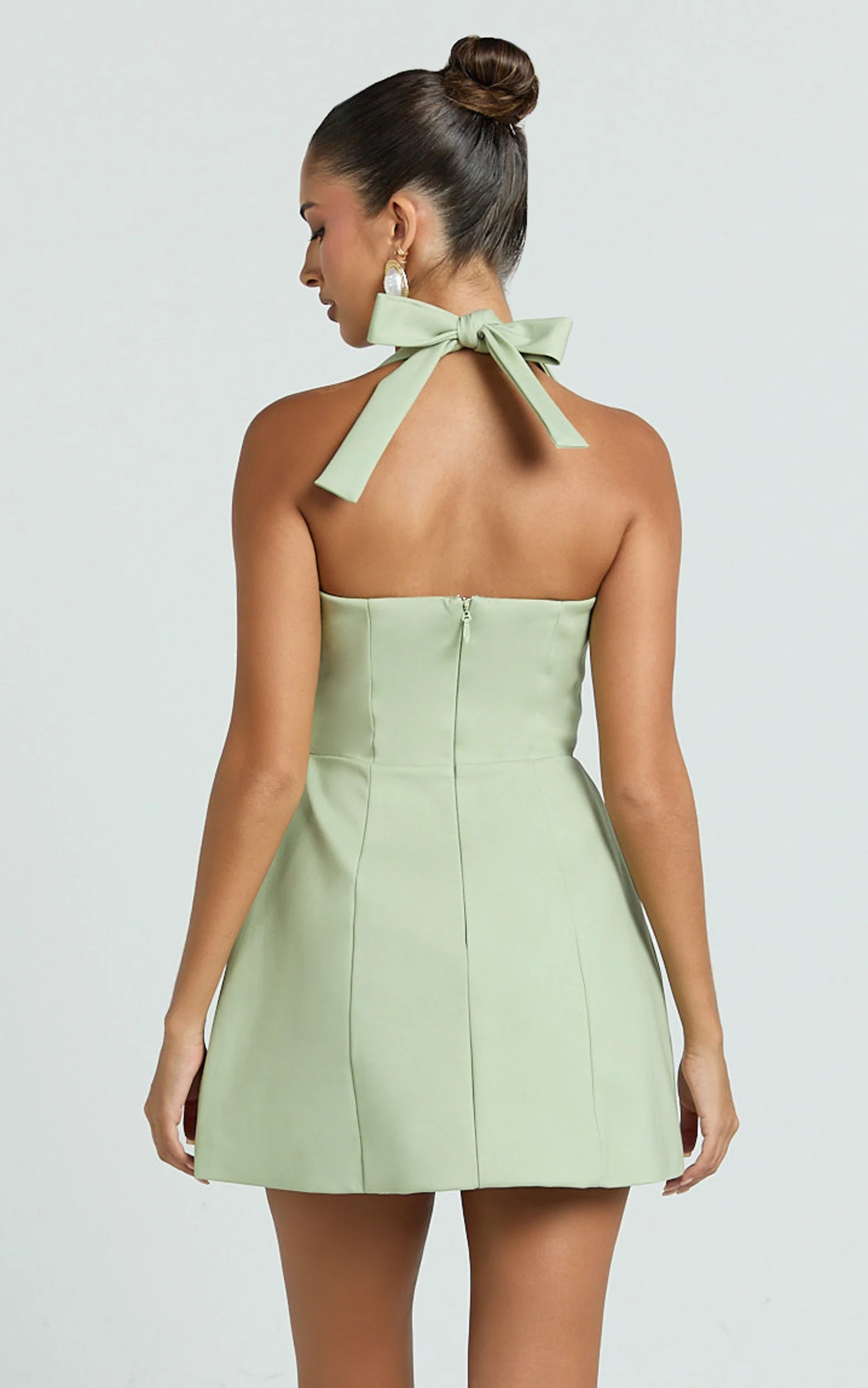 Dante Mini Dress - Halter Neck Tie Tulip Skirt Dress in Sage