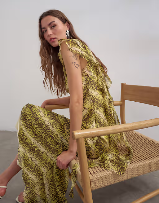 Topshop scarf detail chiffon maxi dress in yellow animal print