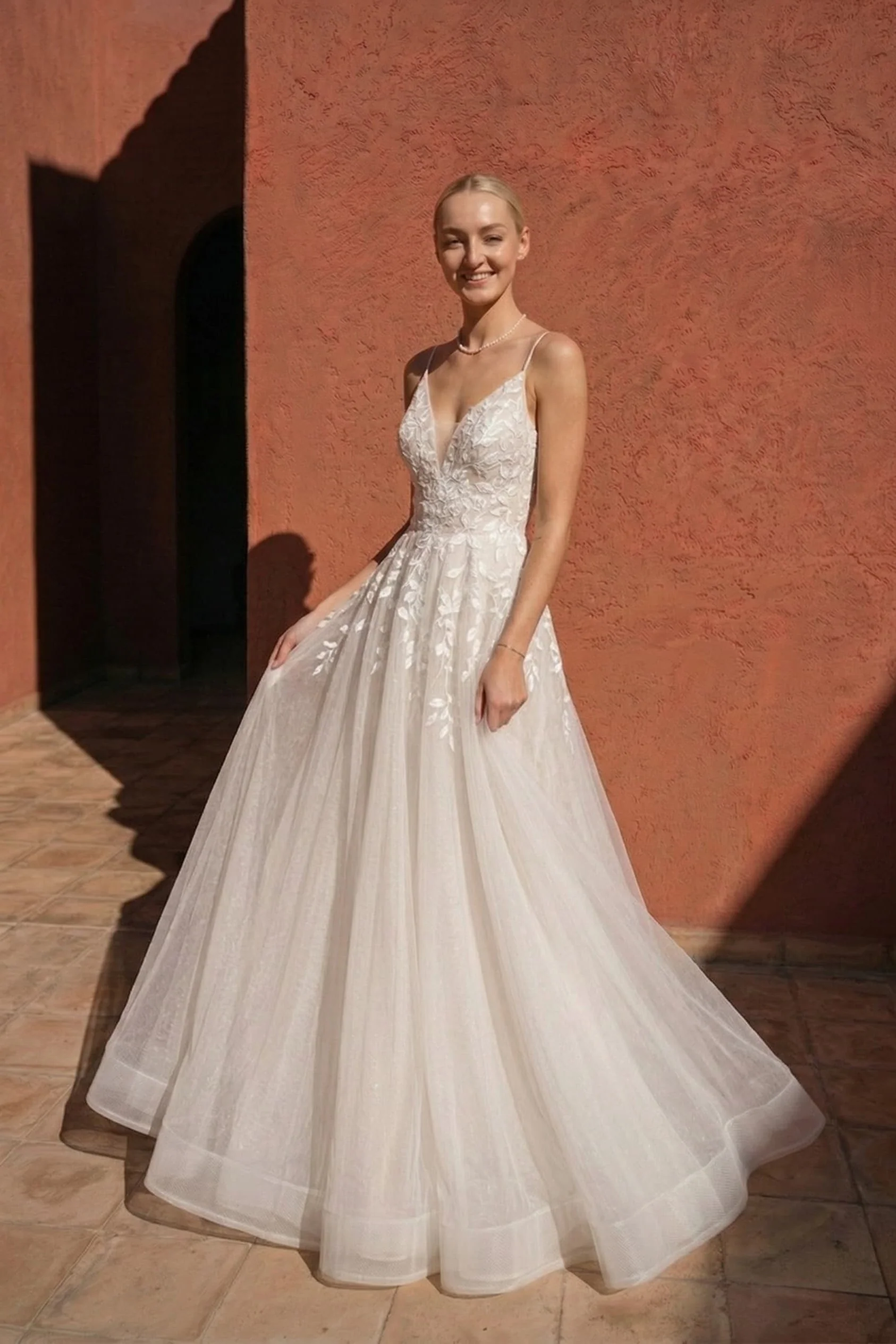 A-Line Floor Length Lace Tulle Wedding Dress CW3119