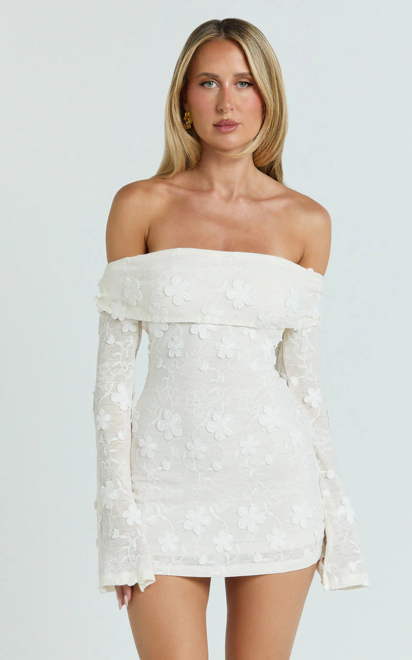 Raymond Mini Dress - Off Shoulder Long Sleeve Fitted Dress in Ivory