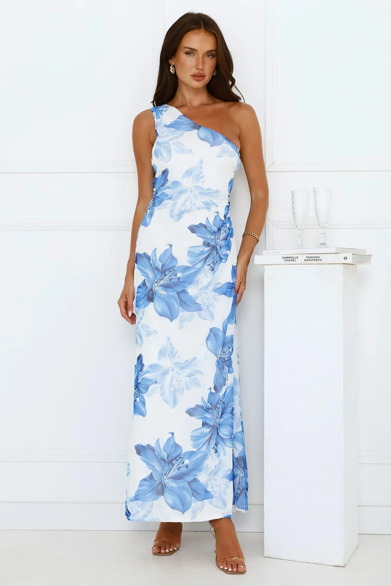 Blueberry Breeze One Shoulder Mesh Maxi Dress Blue