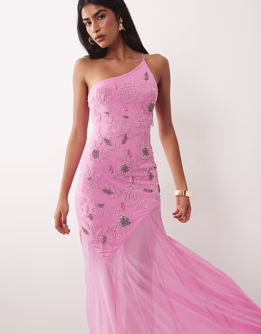 one shoulder embellished maxi dress in pink