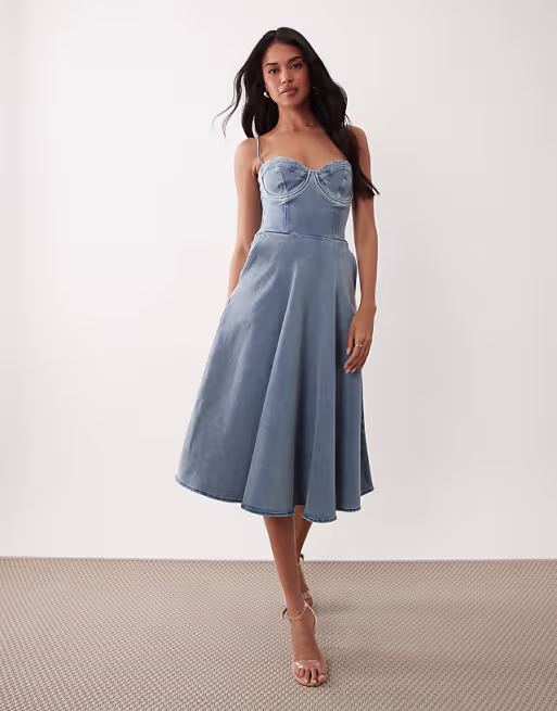 TFNC stretch denim cami cup detail full skirt midi dress in blue