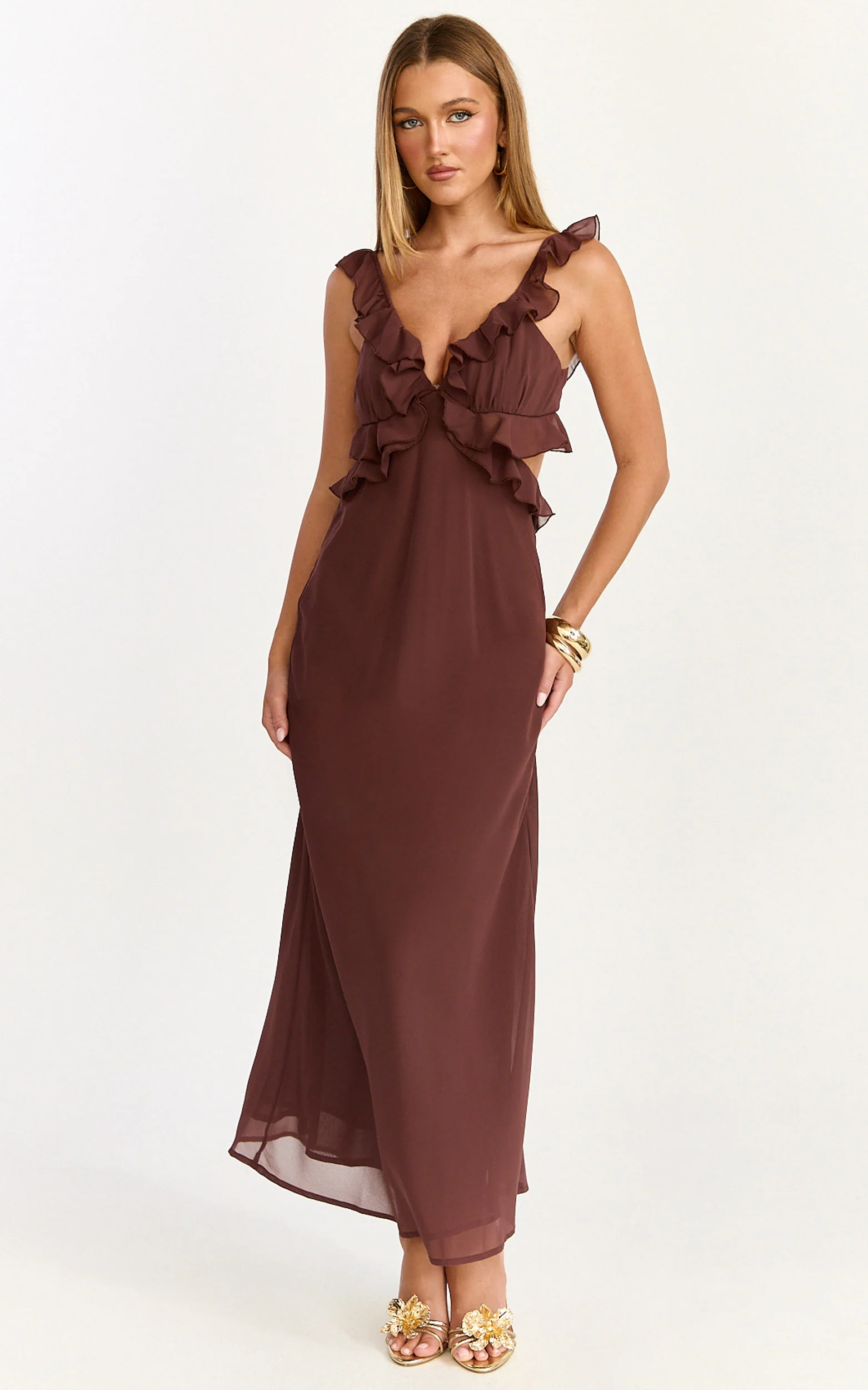 Alessa Midi Dress - V Neck Frill Detail Empire Waist Back Cut Out Dress in Brown