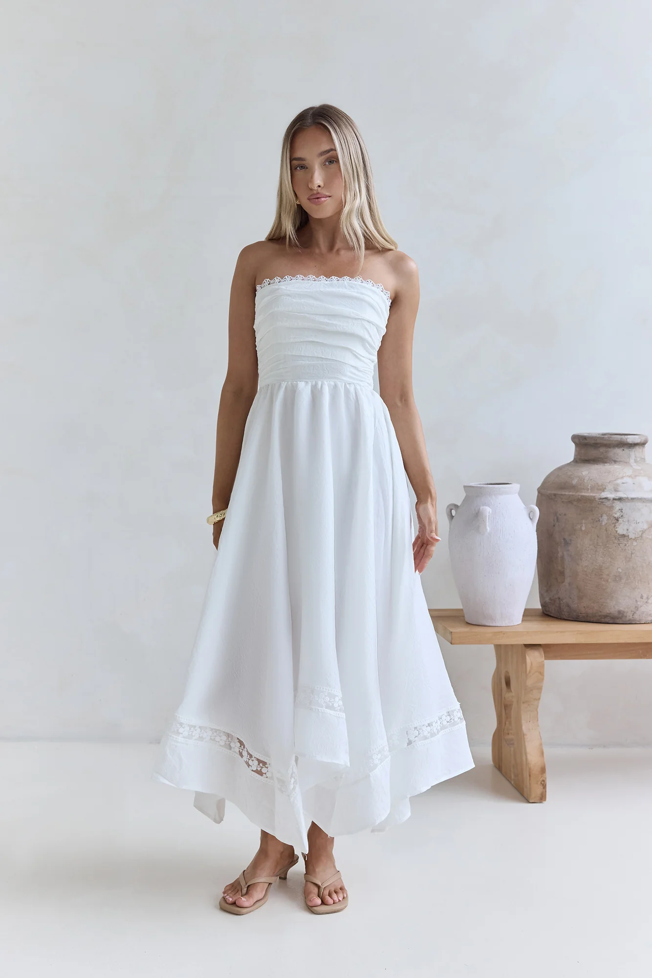 Lucia Strapless Midi Dress White - luluinthesky