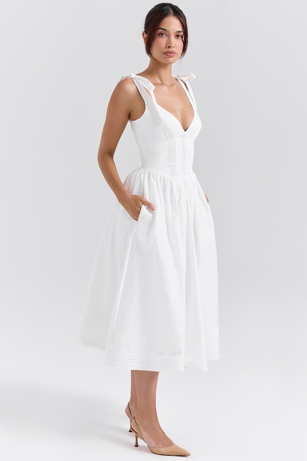 White Pin Tuck Cotton Midi Sundress