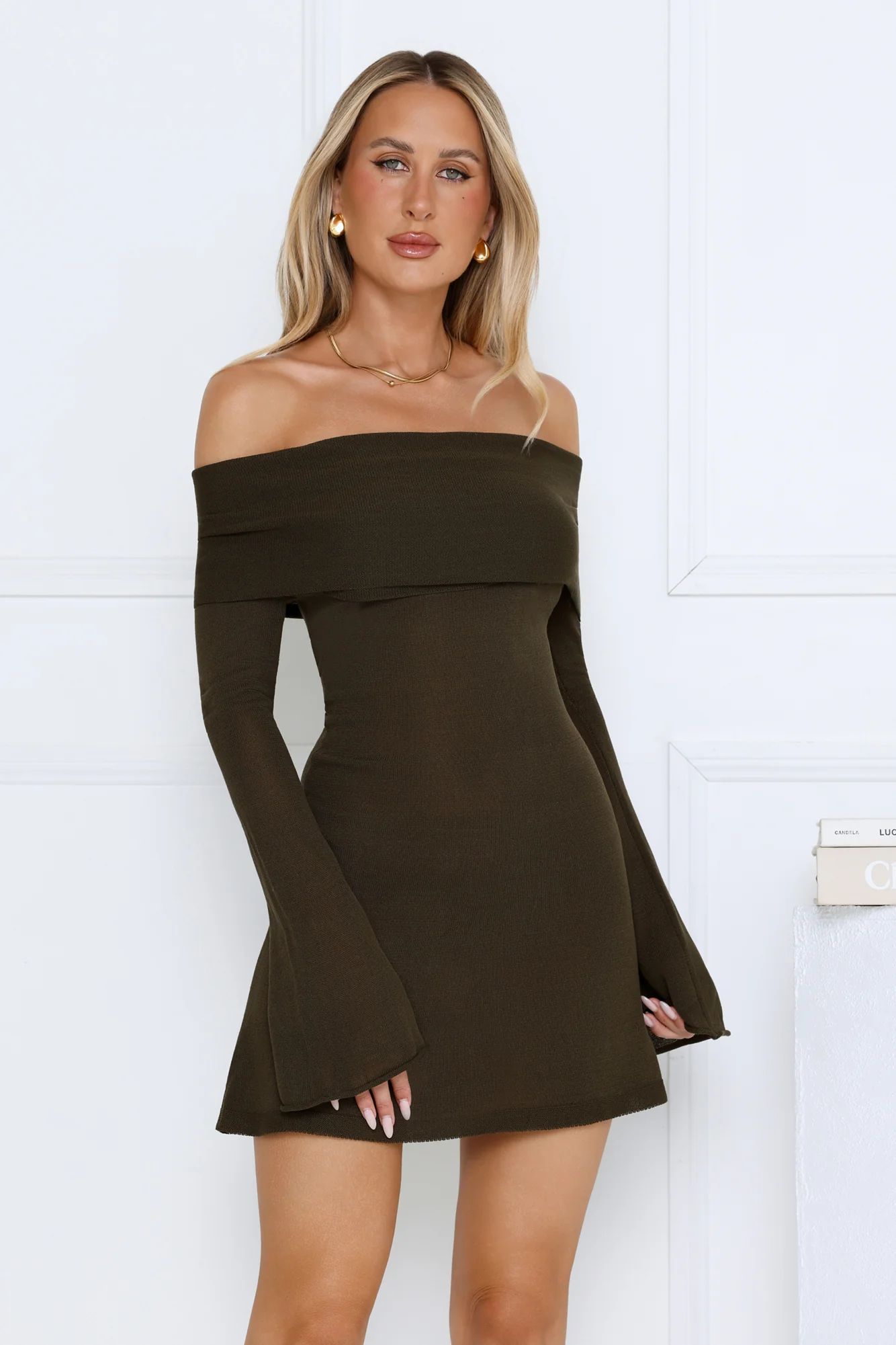 Iconic Angle Off Shoulder Mini Dress Khaki