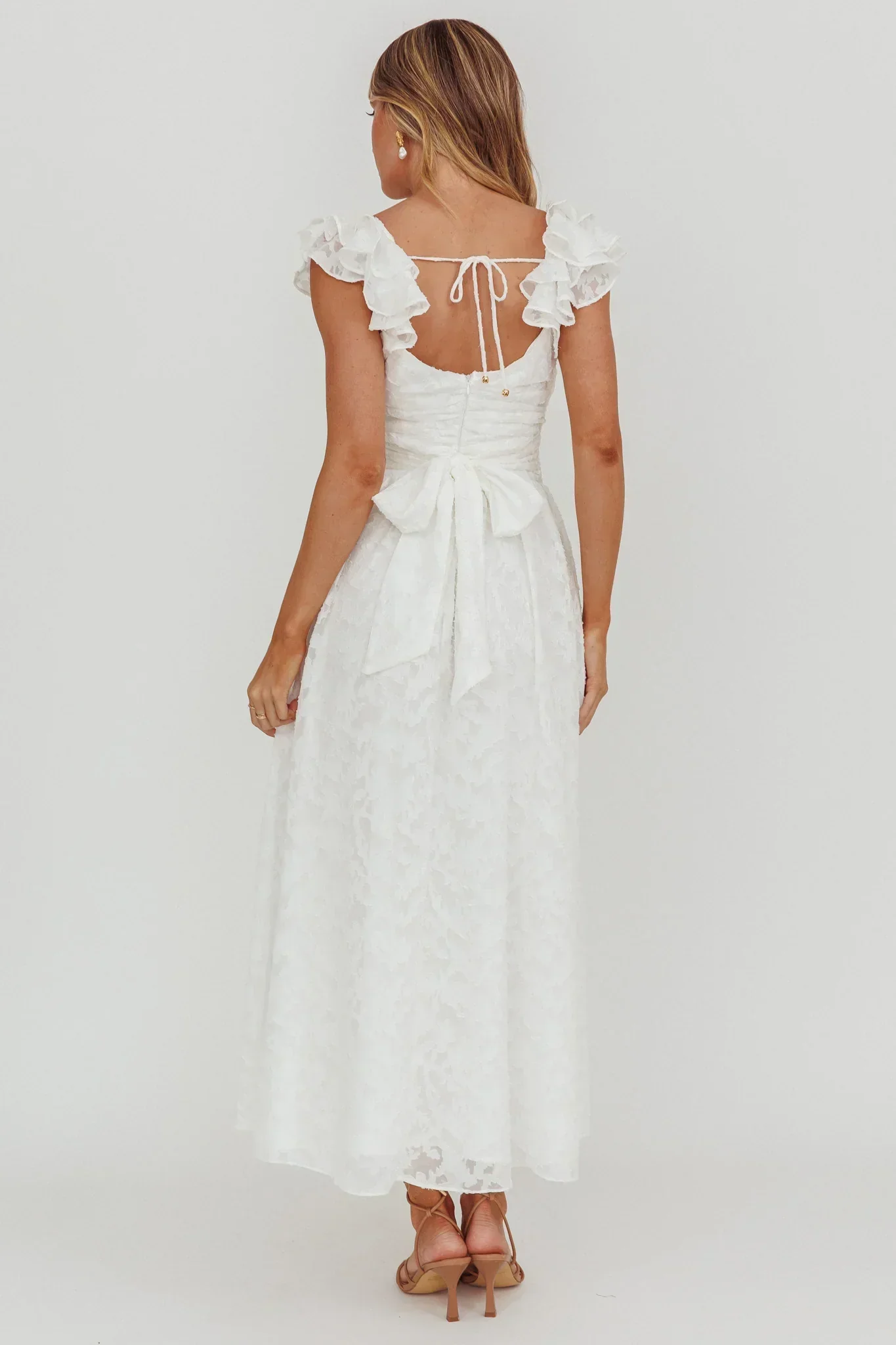 Lola Ruffle Shoulder Maxi Dress Textured White
