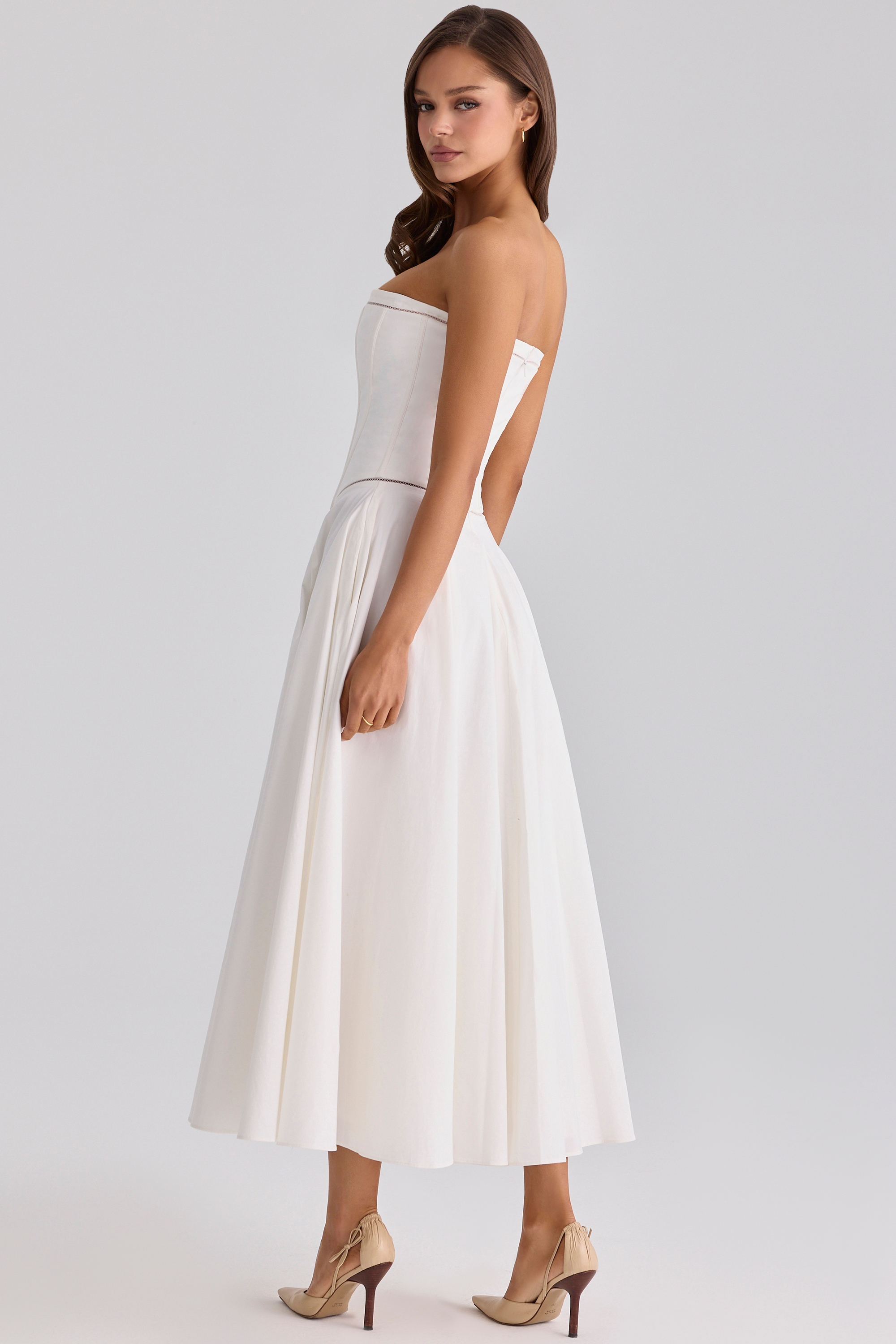 white cotton strapless maxi dress